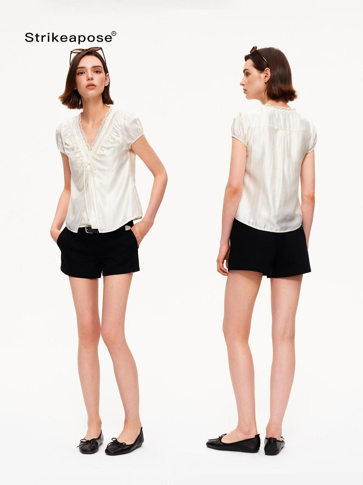 STRIKE A POSE Lace Trim V-neck Shirred Puff Sleeve Women&