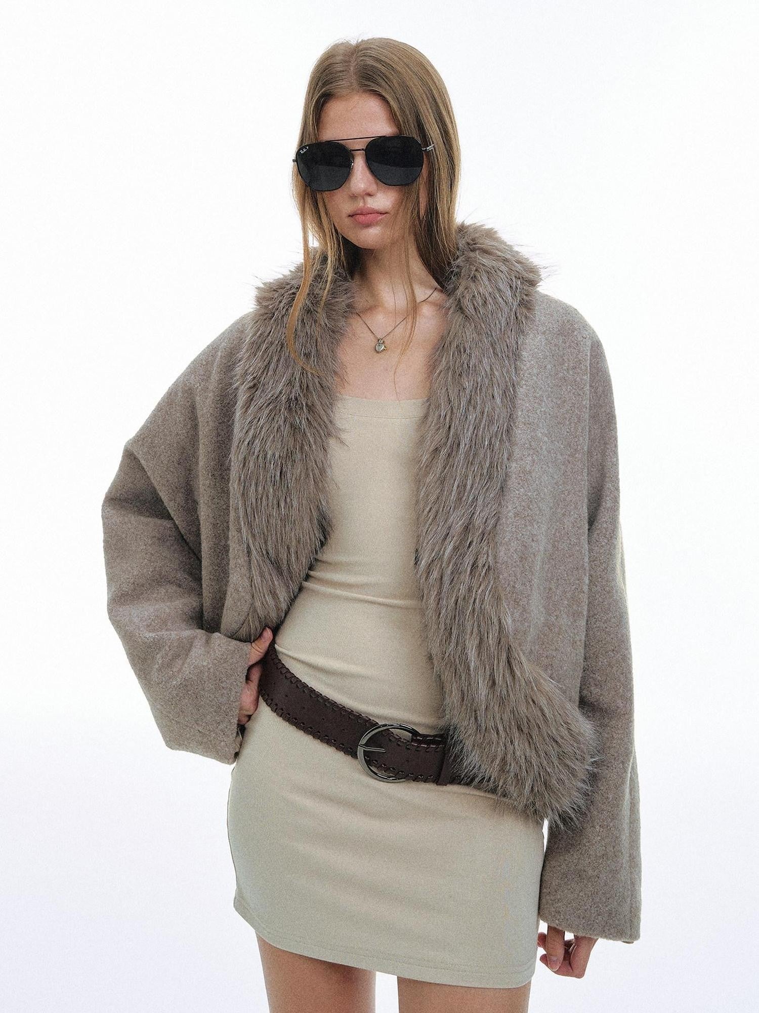 STRIKE A POSE Light Gray Faux Fur Patchwork Batwing Sleeve Women&