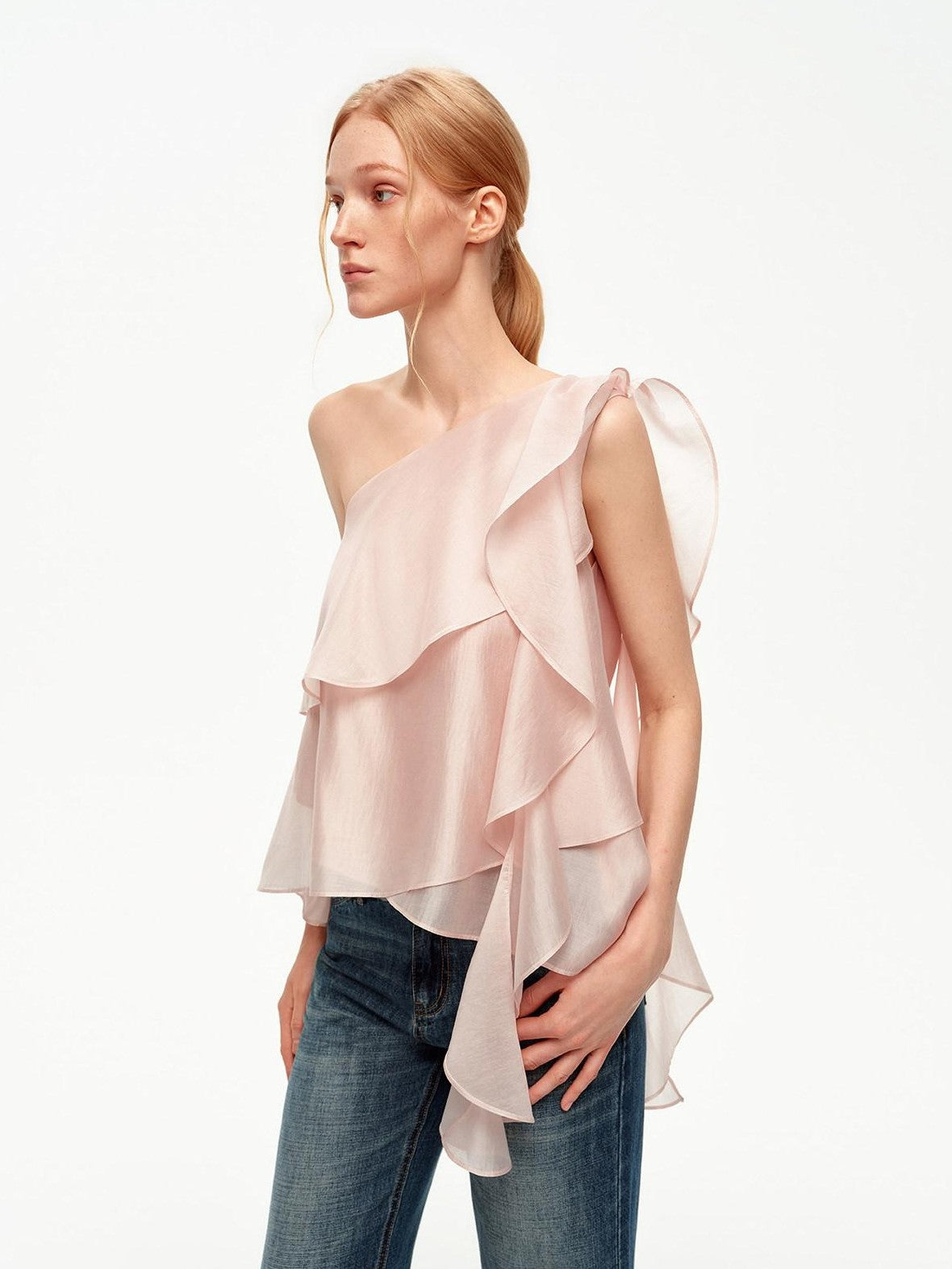 STRIKE A POSE Light Pink Ruffle Trim Asymmetric One Shoulder Women&