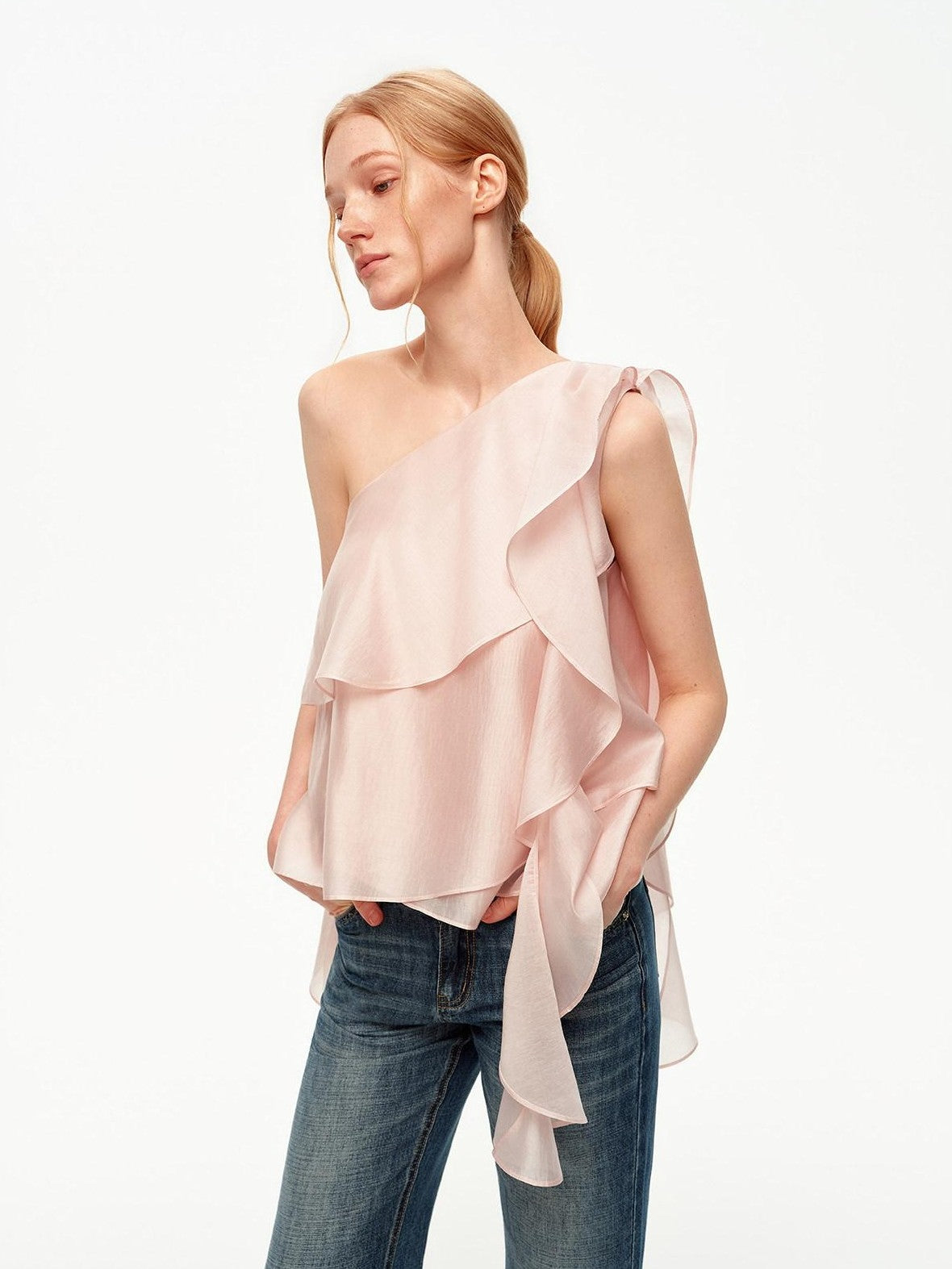 STRIKE A POSE Light Pink Ruffle Trim Asymmetric One Shoulder Women&