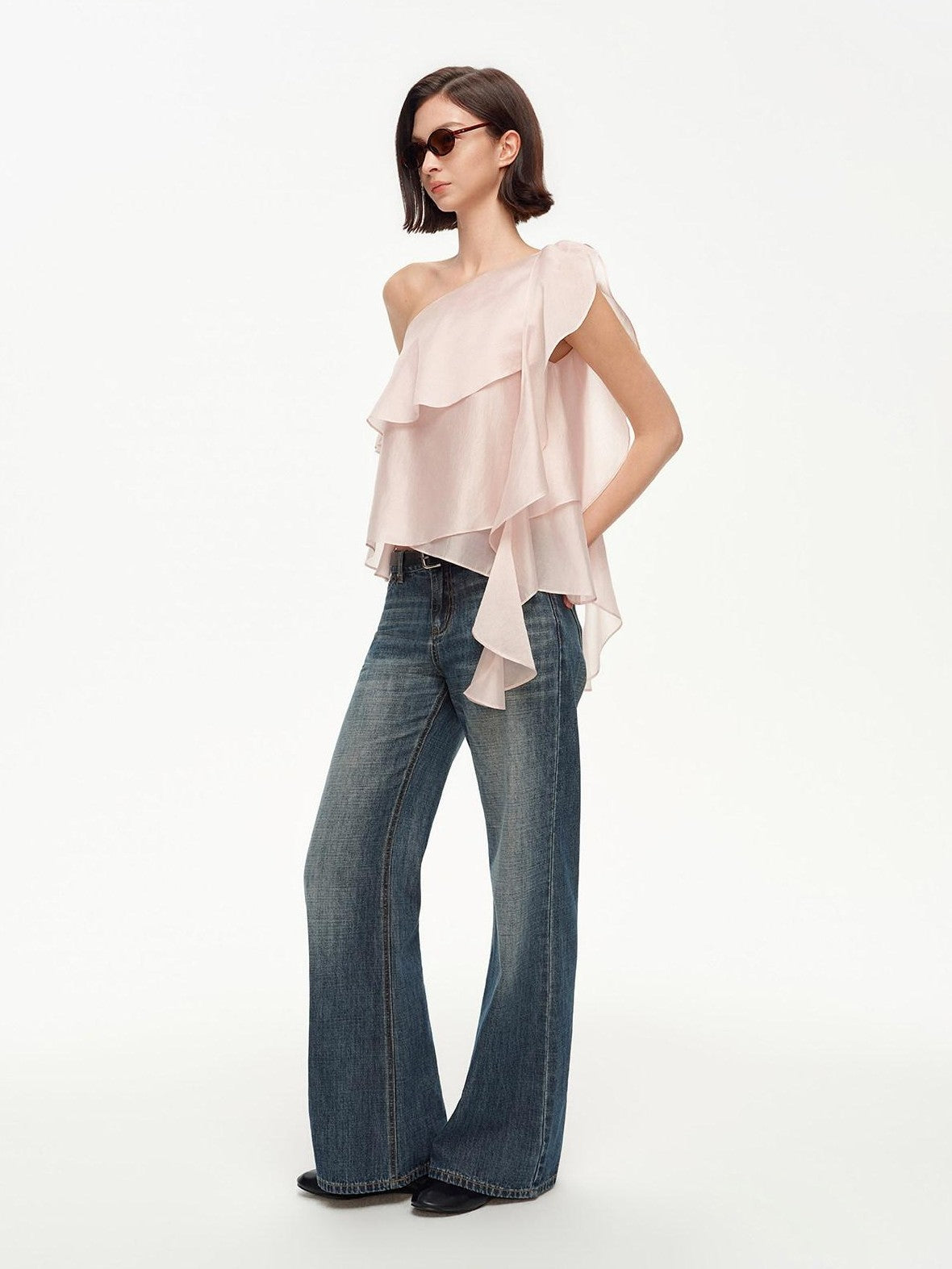 STRIKE A POSE Light Pink Ruffle Trim Asymmetric One Shoulder Women&
