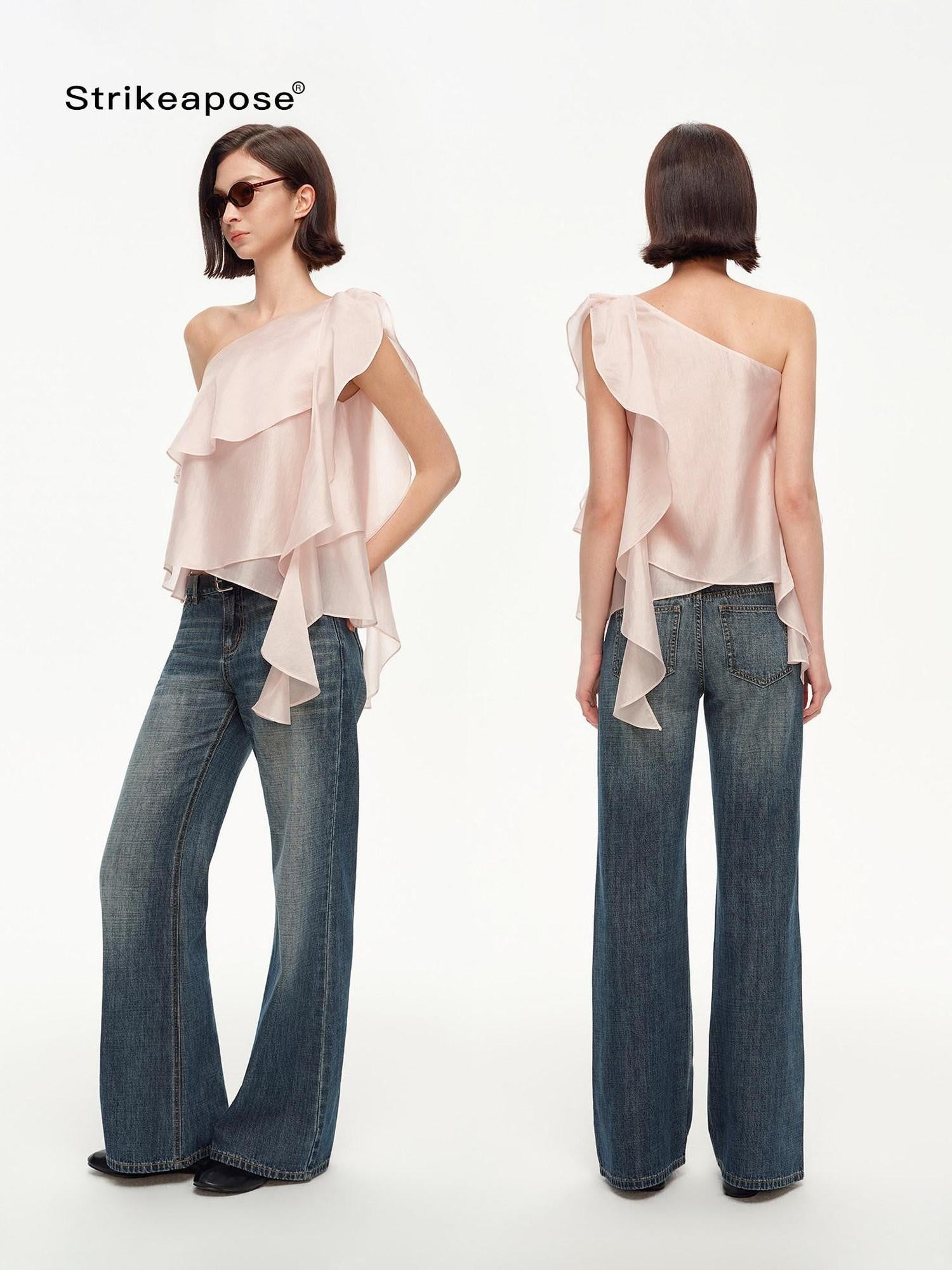 STRIKE A POSE Light Pink Ruffle Trim Asymmetric One Shoulder Women&