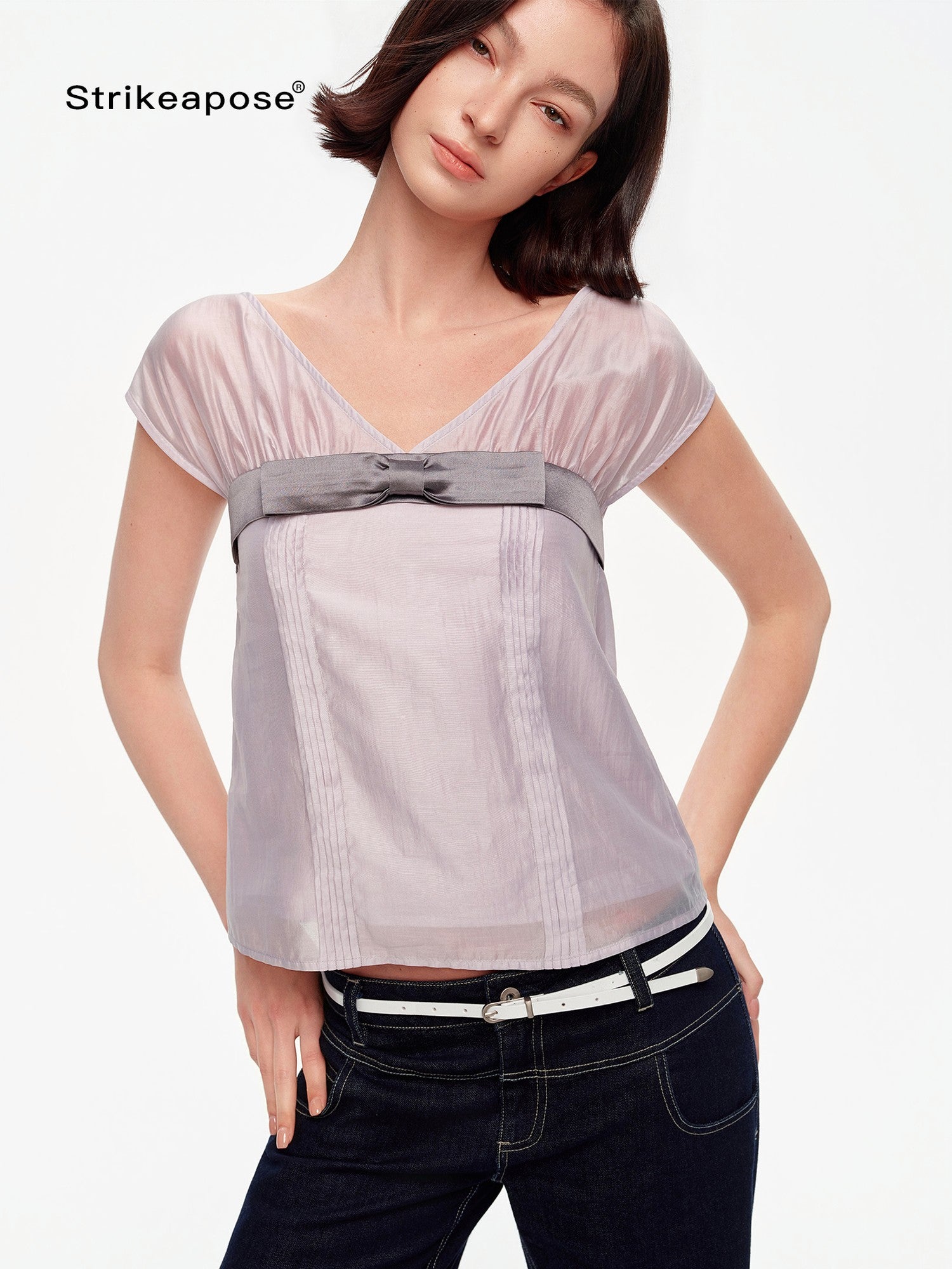 STRIKE A POSE Lilac Colorblock Bow V-neck Pleat Sheer Women&