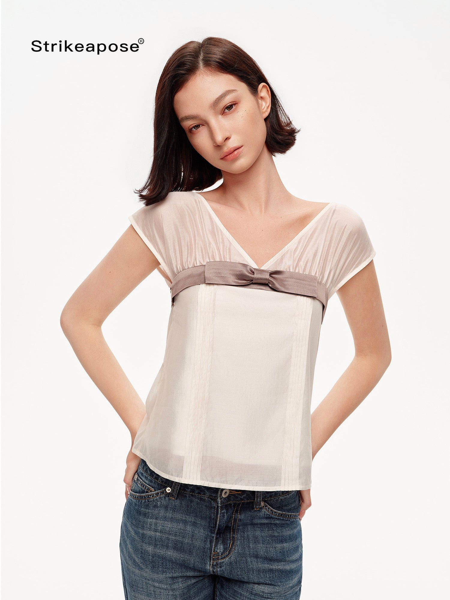 STRIKE A POSE Lilac Colorblock Bow V-neck Pleat Sheer Women&