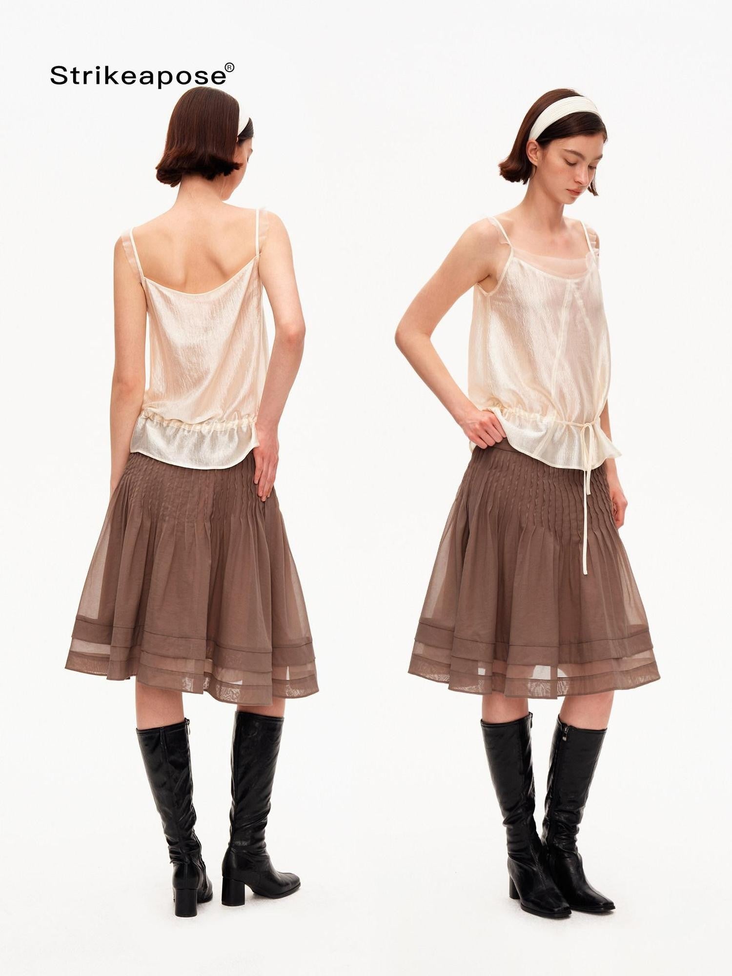 STRIKE A POSE Lustrous Textured Ruffle Mesh Panel A Line Women&