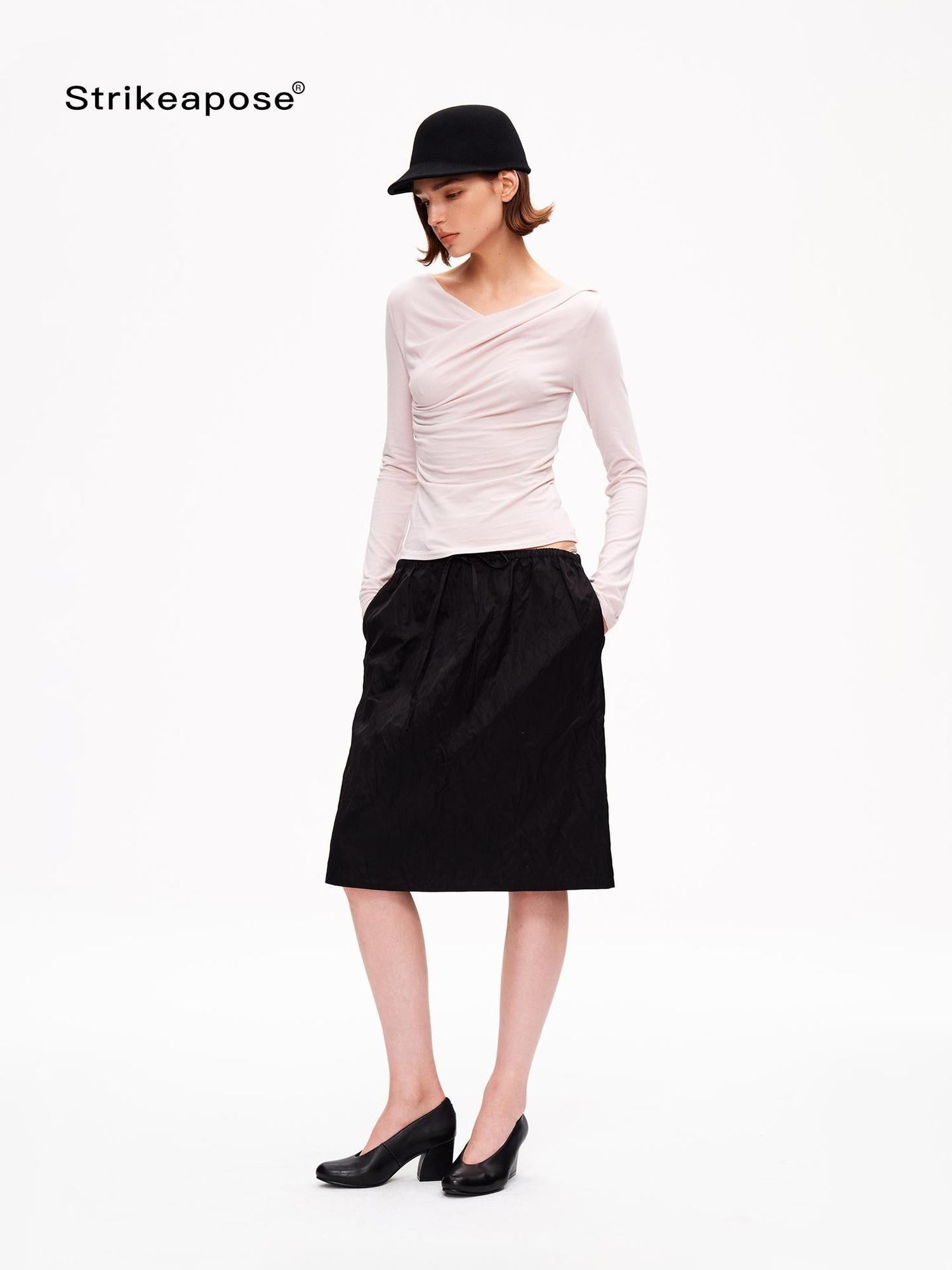 STRIKE A POSE Metallic Textured Pleated Drawstring Women&