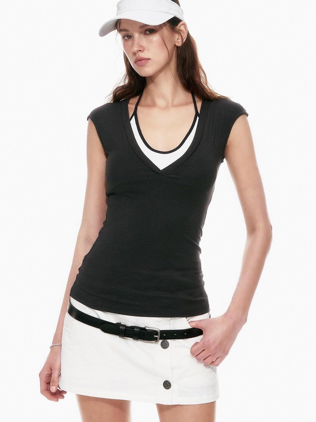 STRIKE A POSE Minimal V-neck Slim Fit Stretch Lightweight Viscose Women&