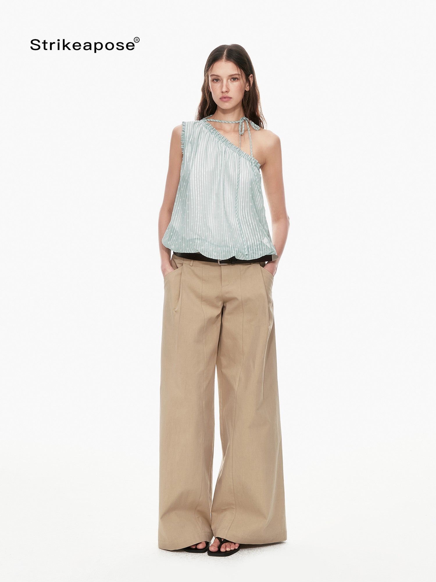 STRIKE A POSE Mint Green Asymmetrical Striped Cinched Tie Women&