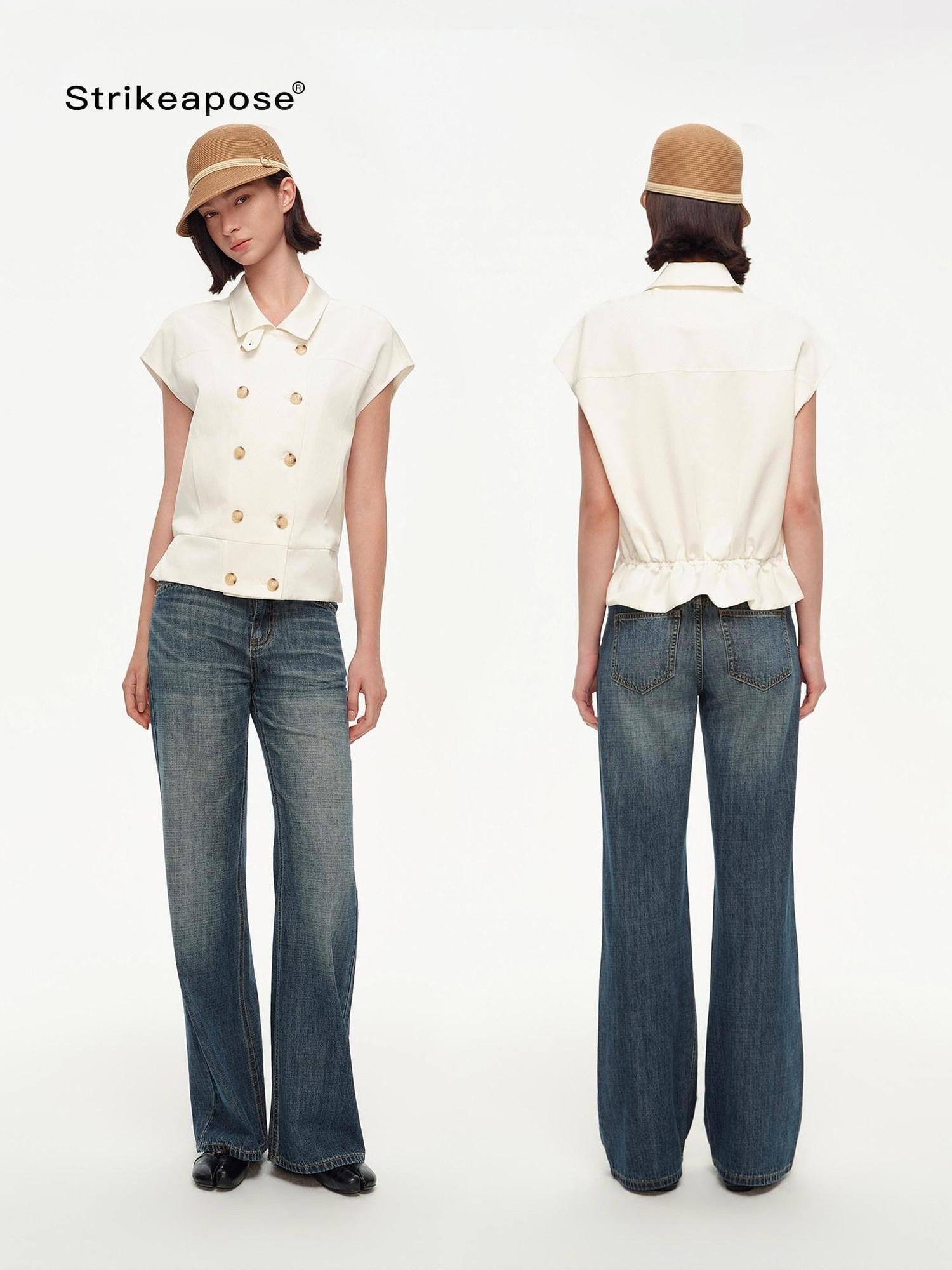 STRIKE A POSE Navy Double Row Button Yoke Waist Cinch Women&