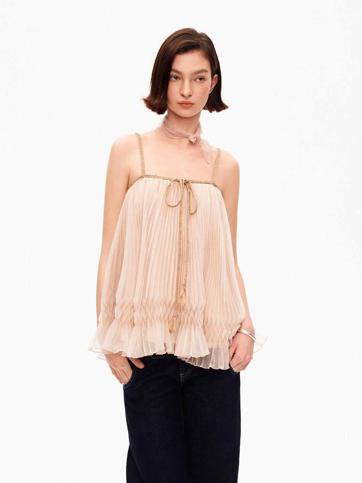 STRIKE A POSE Oatmeal A Line Pin Tuck Braided Tie Square Neck Women&