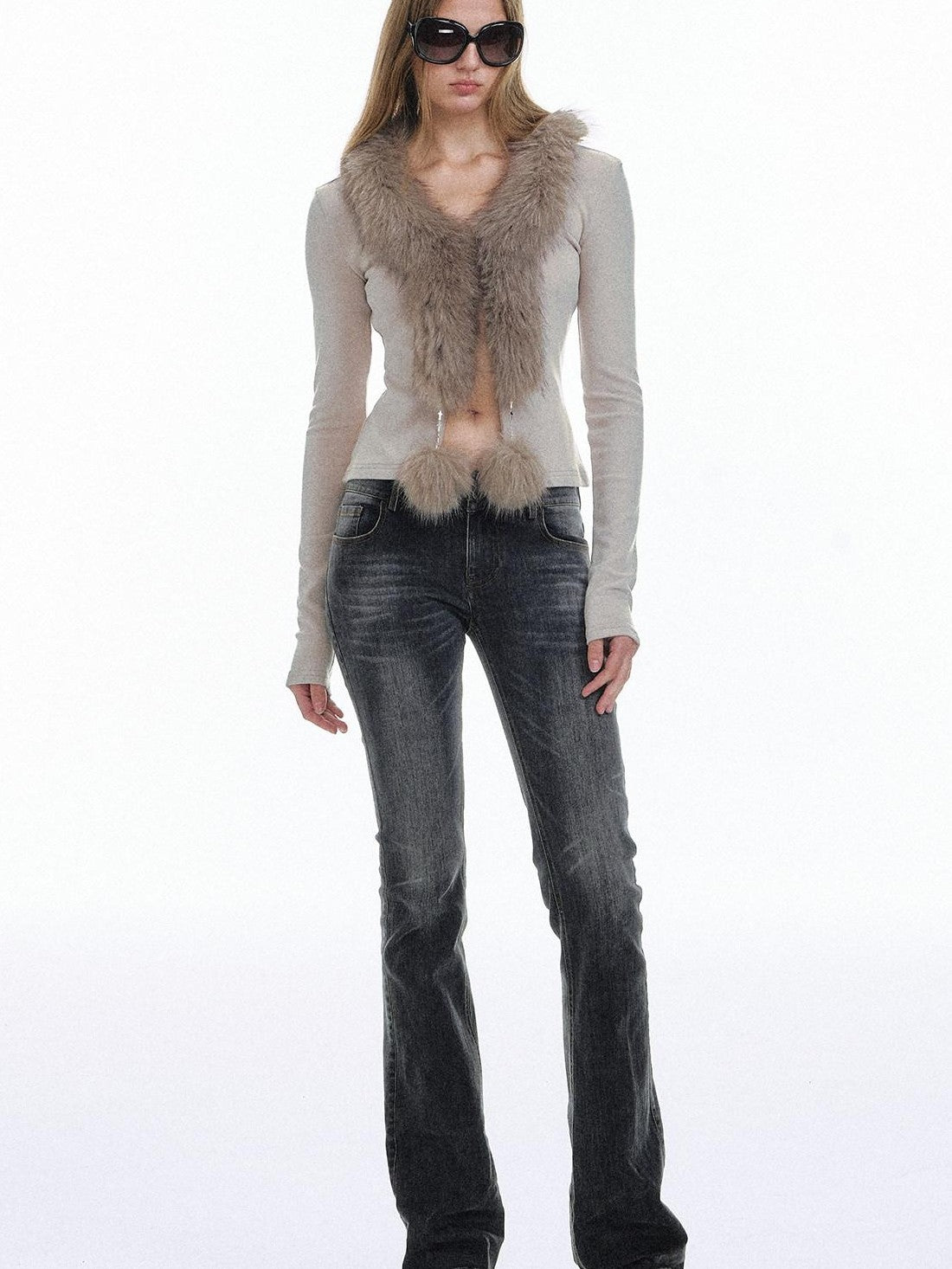 STRIKE A POSE Oatmeal Eco Fur Patchwork V-neck Slim Cropped Knit Women&