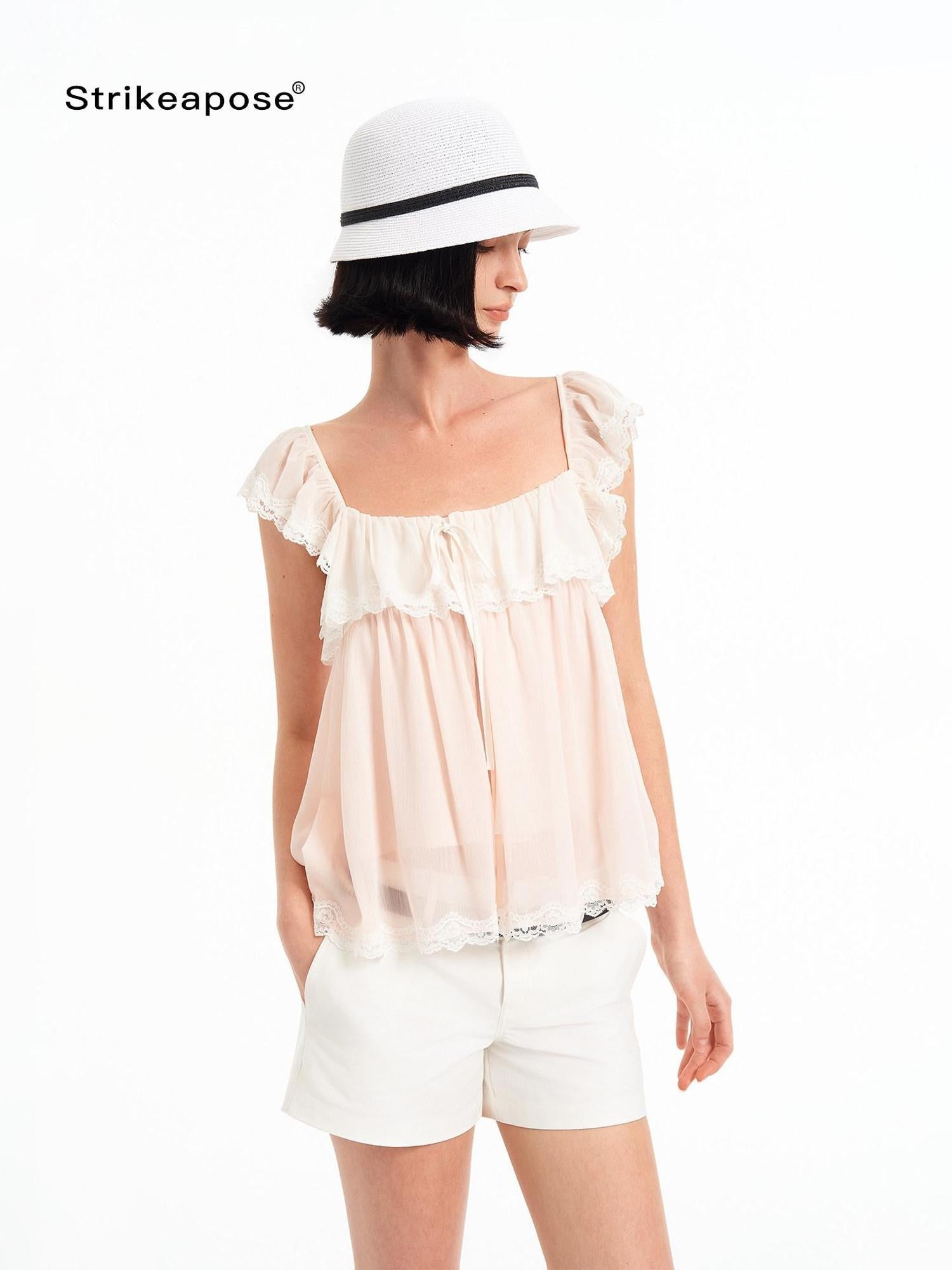 STRIKE A POSE Pink Bow Mesh Square Neck Double Layer Lace Ruffle Women&