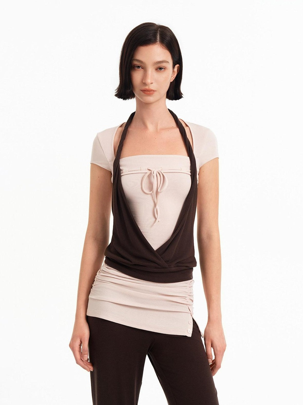 STRIKE A POSE Pink Brown Colorblock Faux Layered Women&