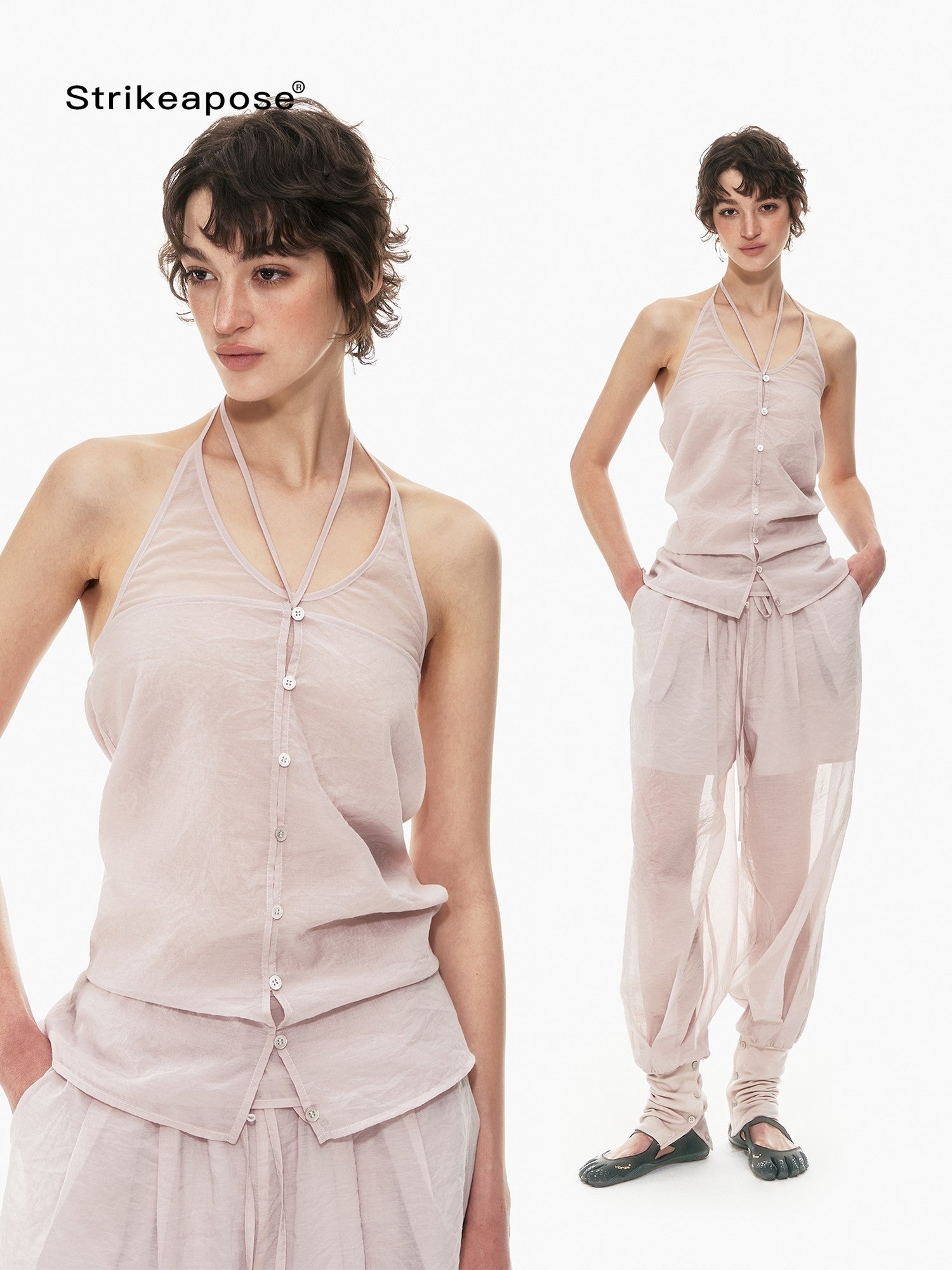 STRIKE A POSE Pink Halter Crop Vest Drawstring Balloon Pants Women&