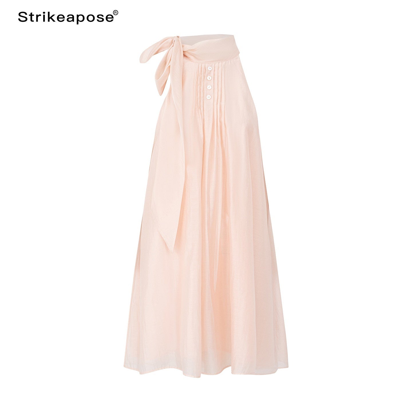 STRIKE_A_POSE_Pink_High_Neck_Ribbon_Shell_Button_A_Line_Women&