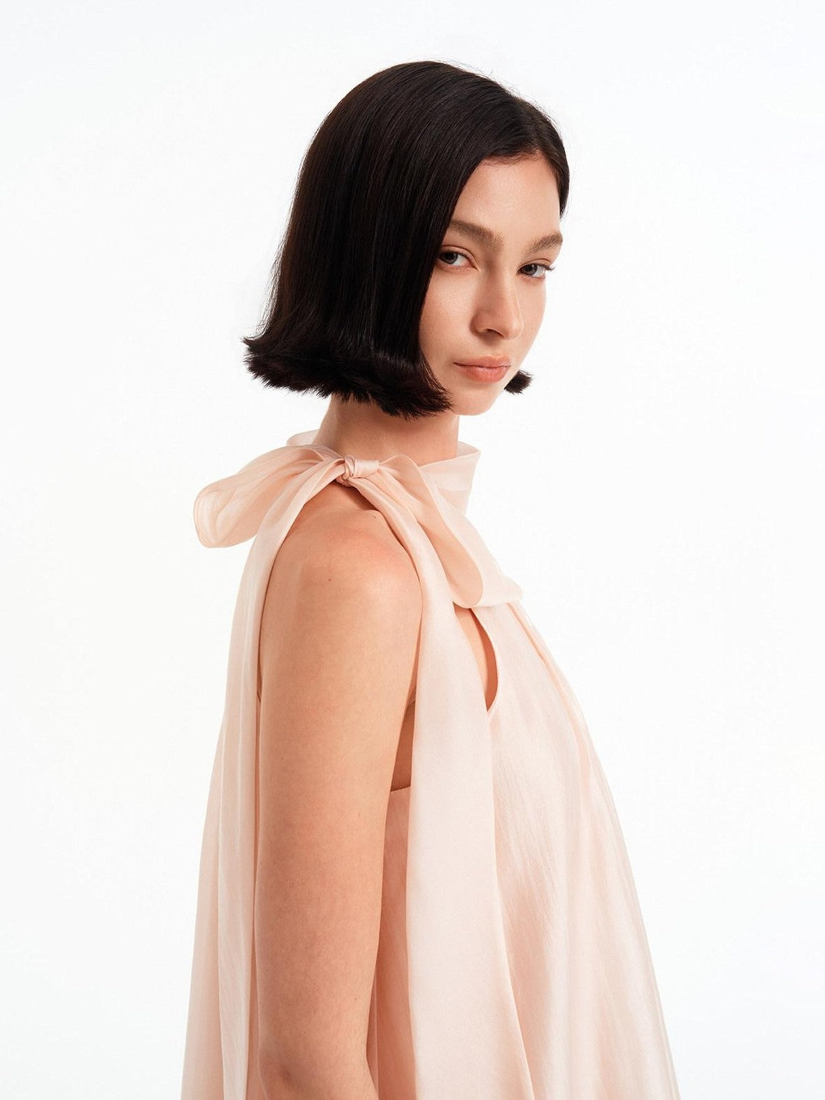 STRIKE A POSE Pink High Neck Ribbon Shell Button A Line Women&