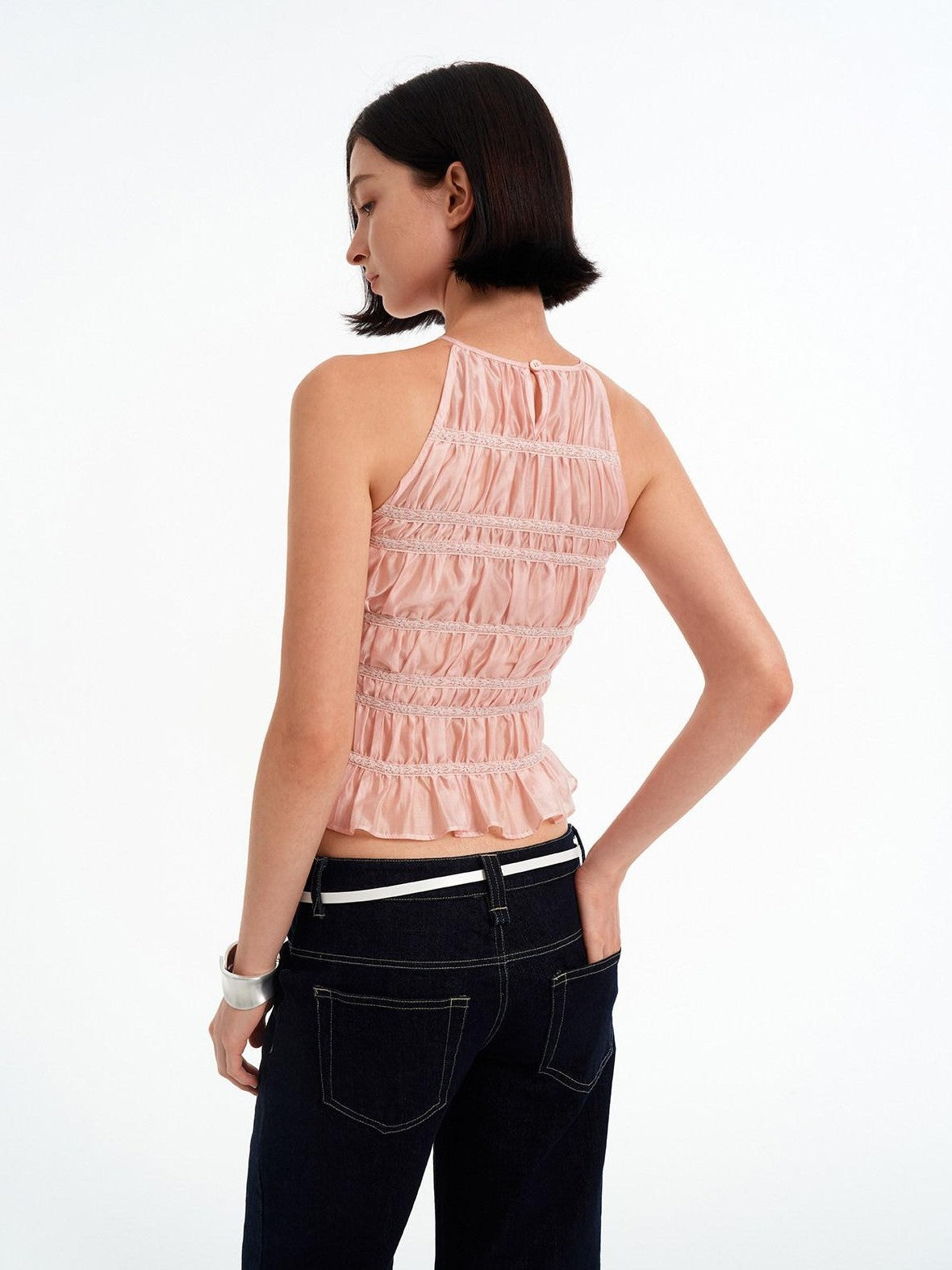 STRIKE A POSE Pink Lace Paneled Waist Cinched Cropped Women&