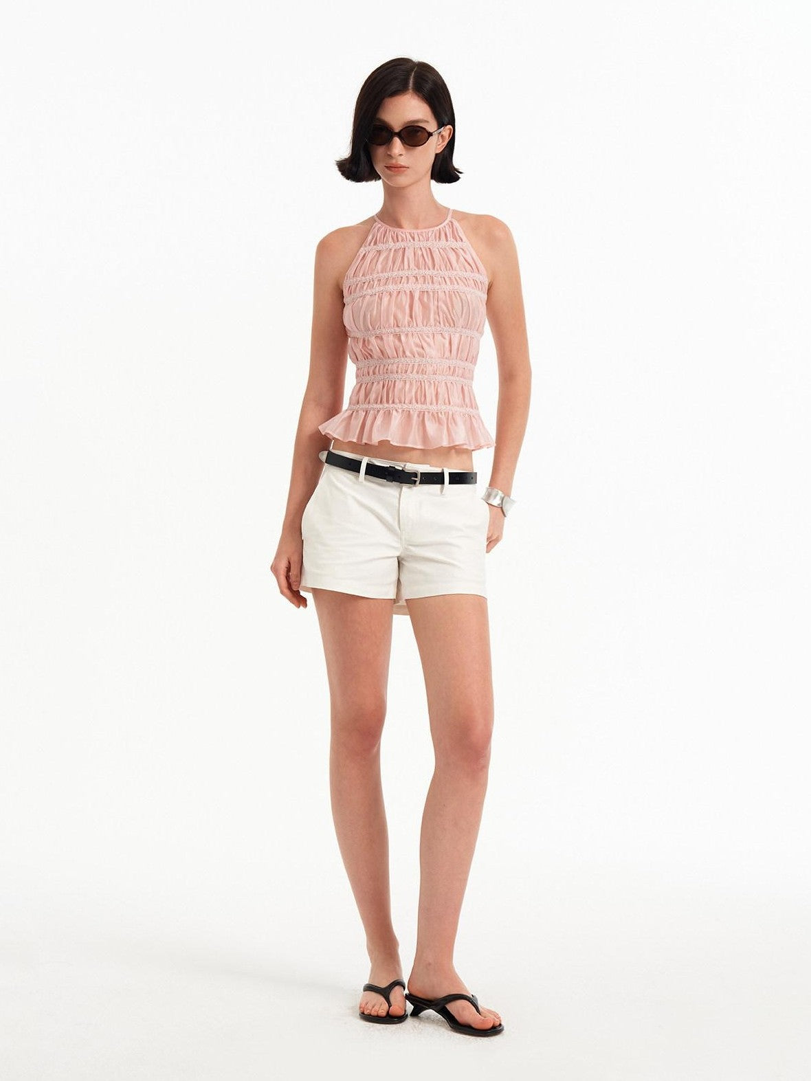STRIKE A POSE Pink Lace Paneled Waist Cinched Cropped Women&
