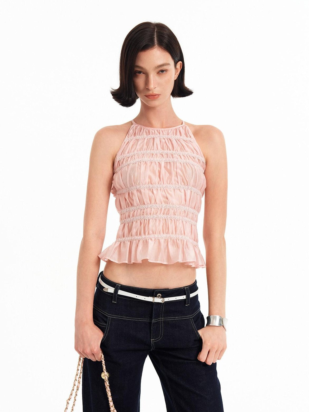 STRIKE A POSE Pink Lace Paneled Waist Cinched Cropped Women&