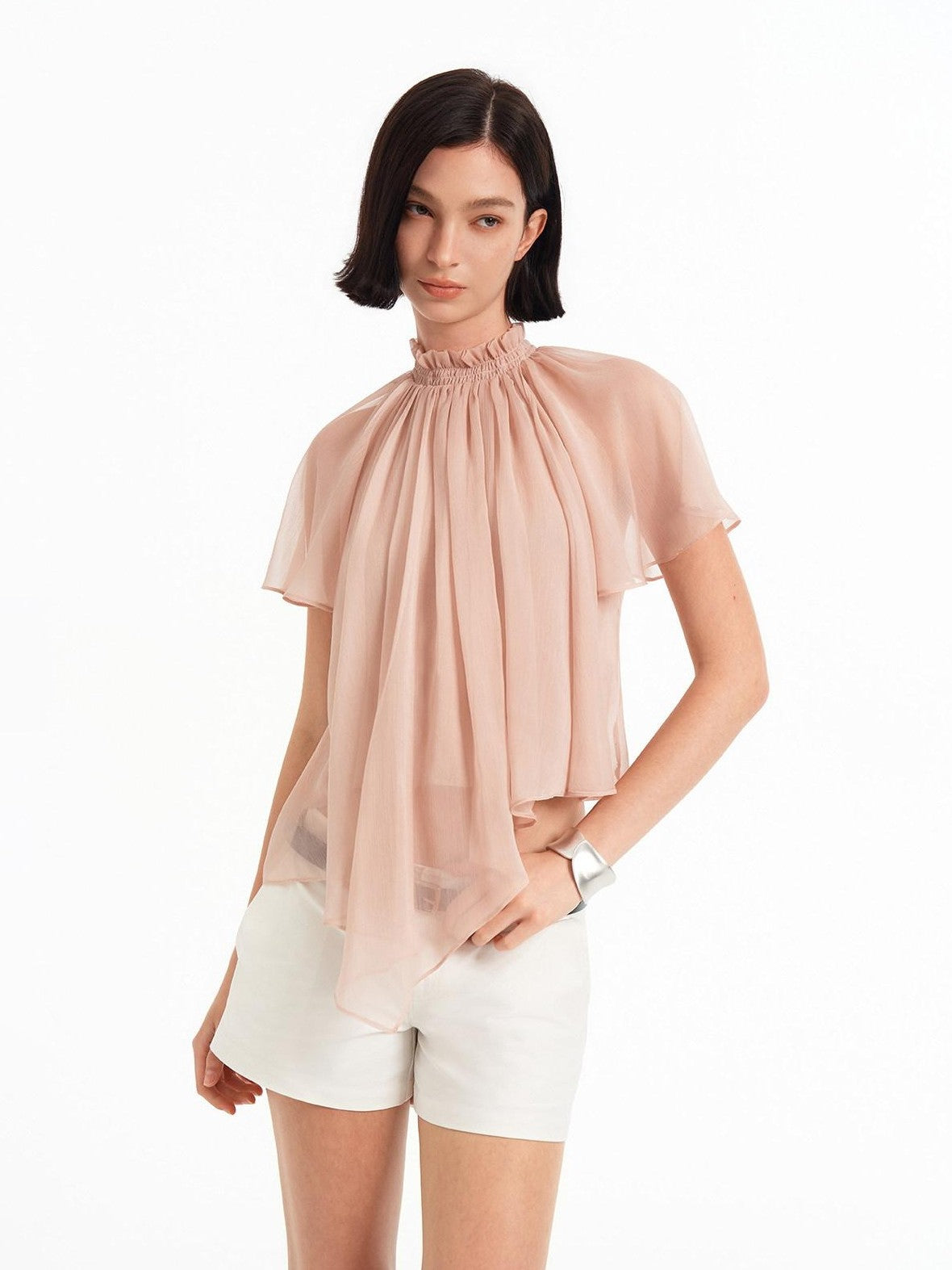 STRIKE A POSE Pink Pleated High Neck Sheer Flutter Sleeve Women&