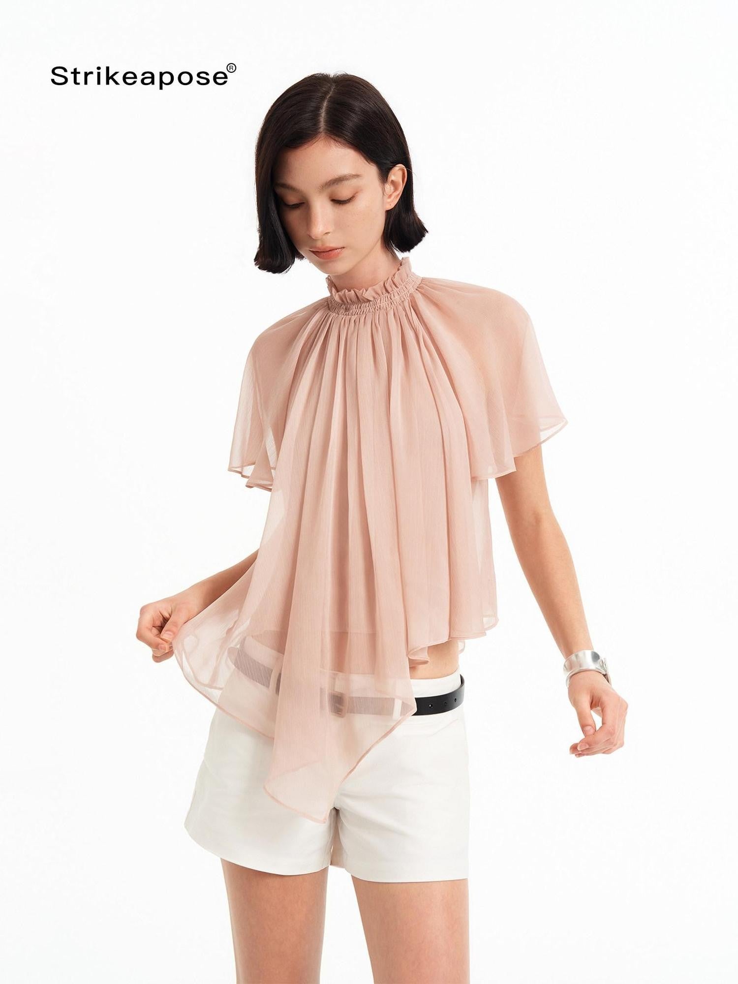 STRIKE A POSE Pink Pleated High Neck Sheer Flutter Sleeve Women&
