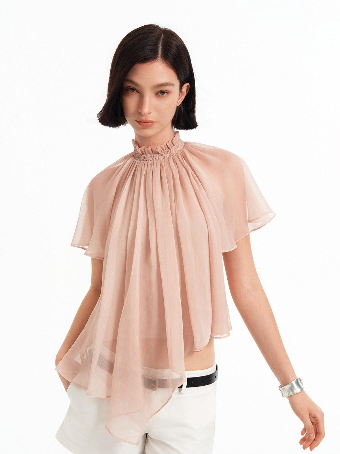 STRIKE A POSE Pink Pleated High Neck Sheer Flutter Sleeve Women&