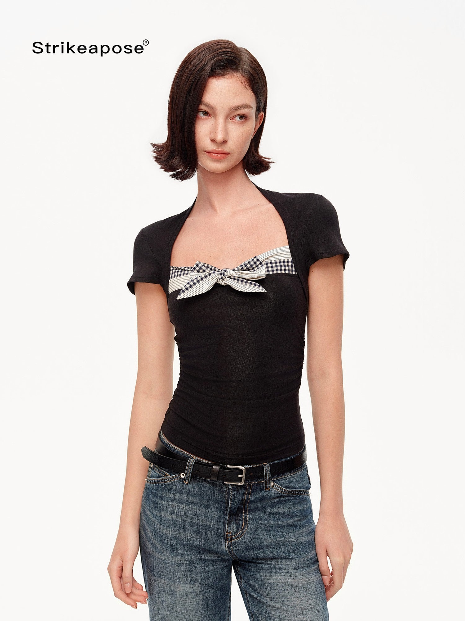 STRIKE A POSE Plaid Square Neck Contrast Waist Women&