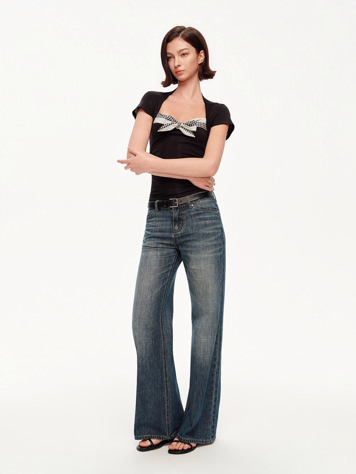 STRIKE A POSE Plaid Square Neck Contrast Waist Women&