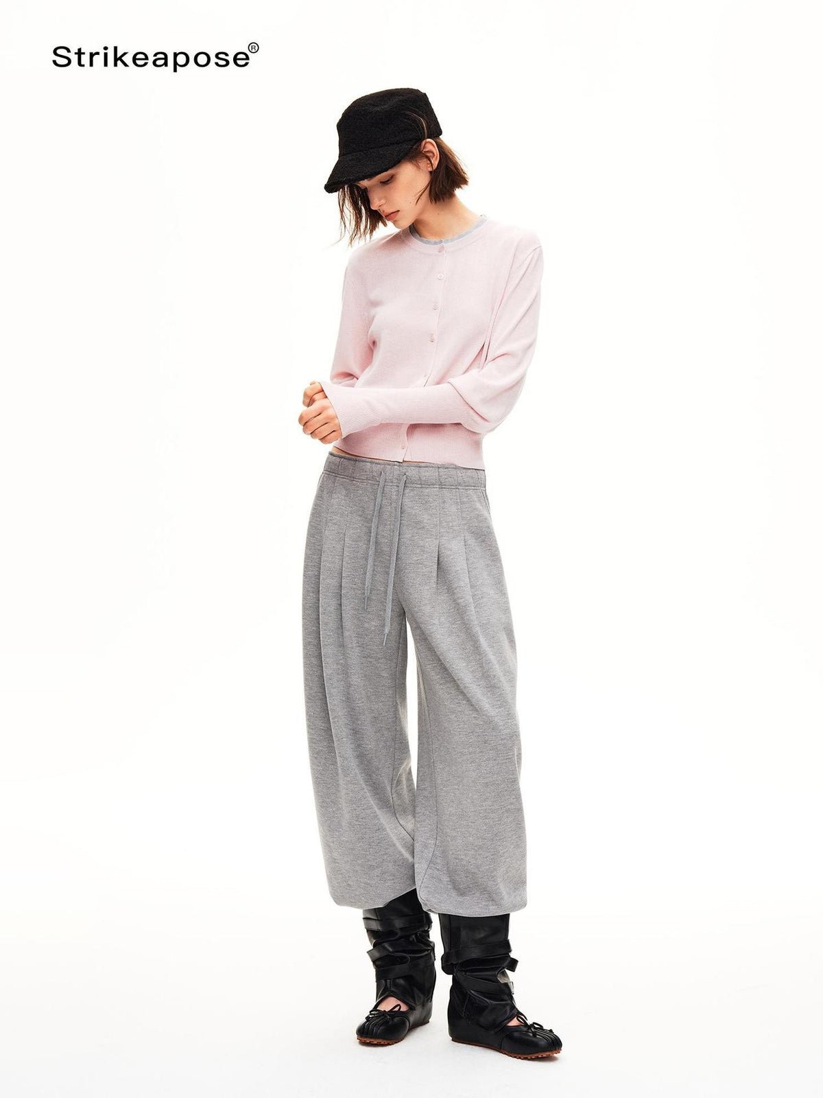 STRIKE A POSE Pleated Low Rise Drawstring Wide Leg Wool Blend Women&