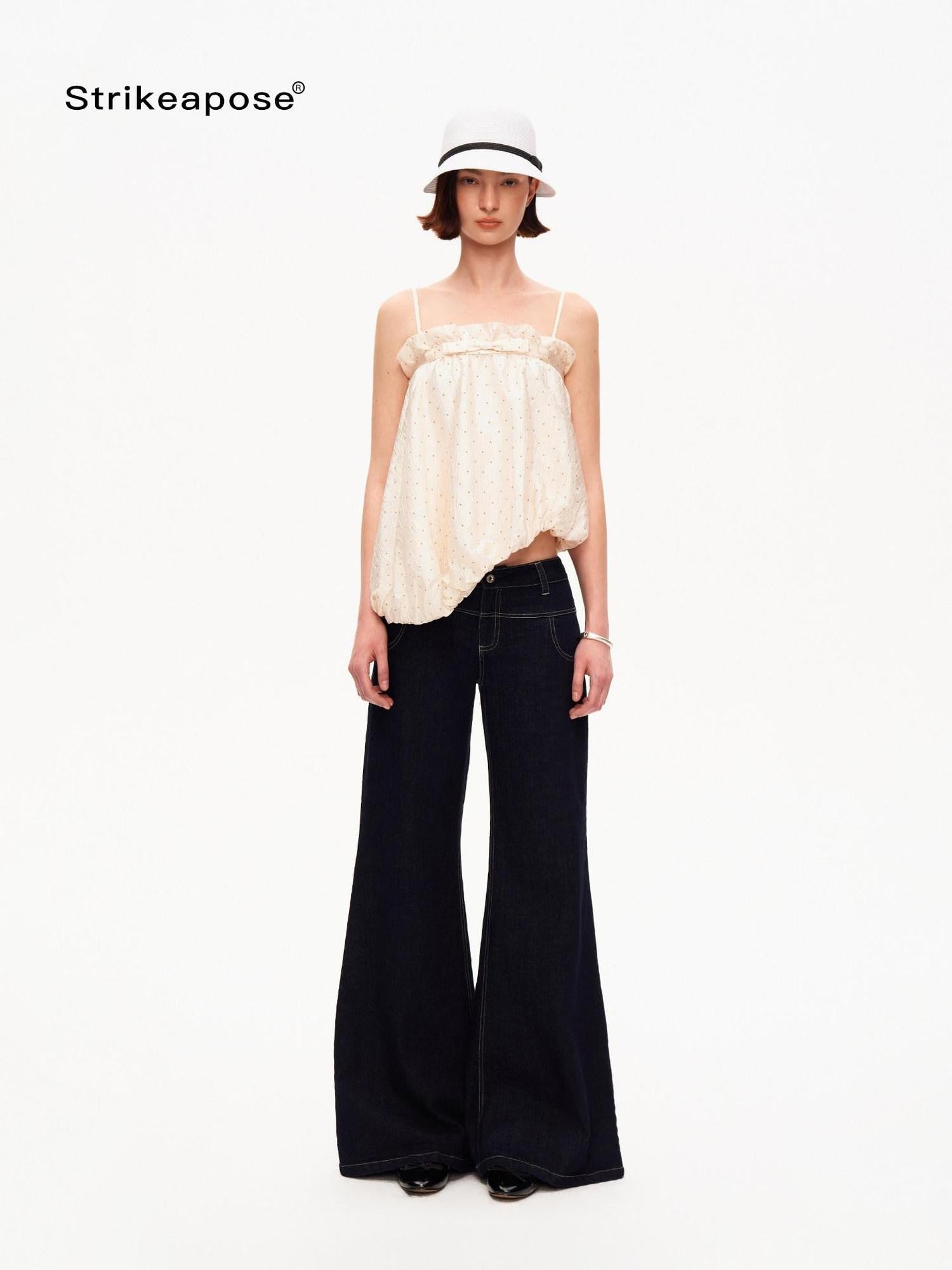 Polka Dot Asymmetric Pleated Ruffle Bias Cut Women&