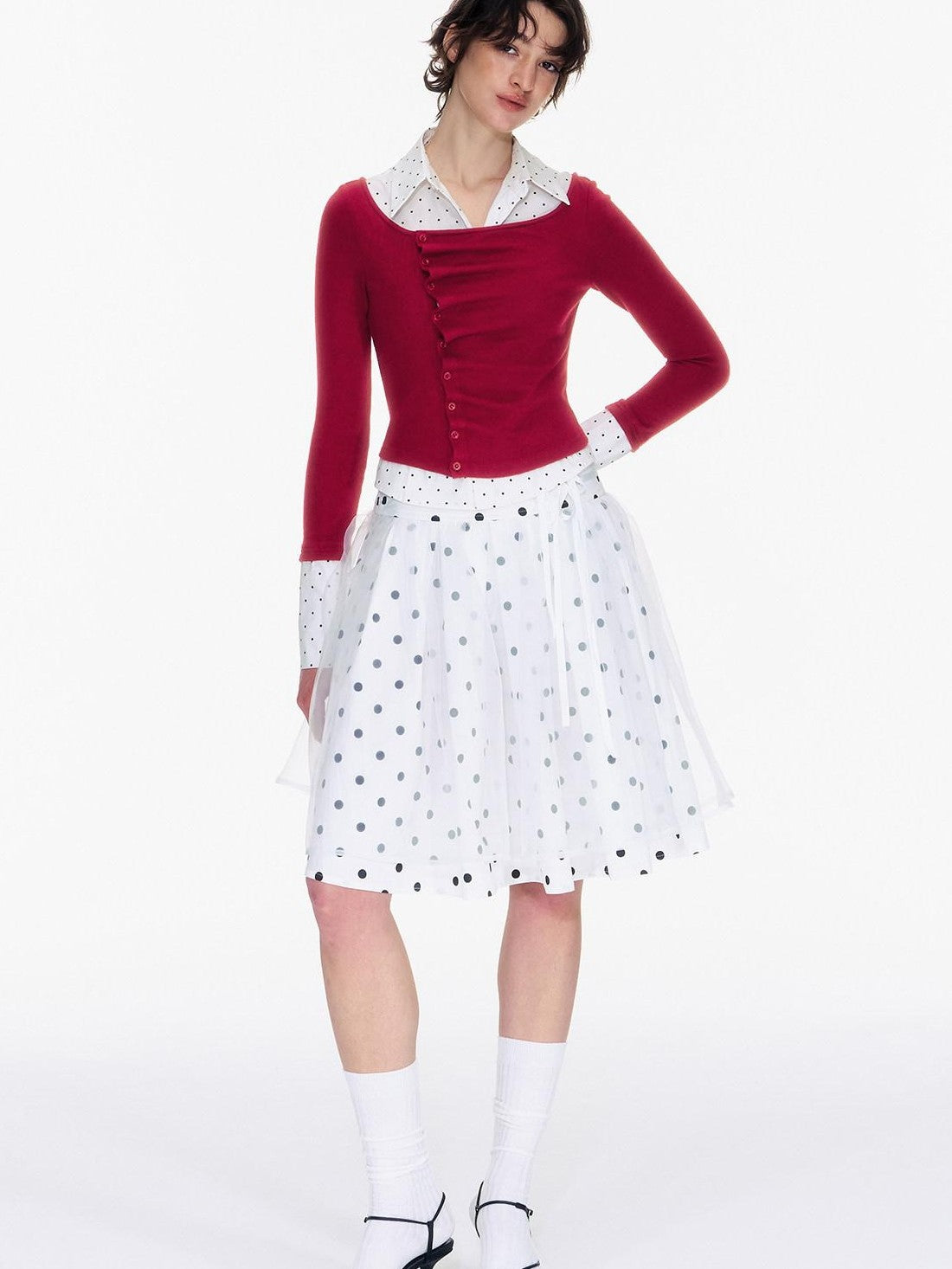 STRIKE A POSE Polka Dot Pleated Colorblock Faux Women&