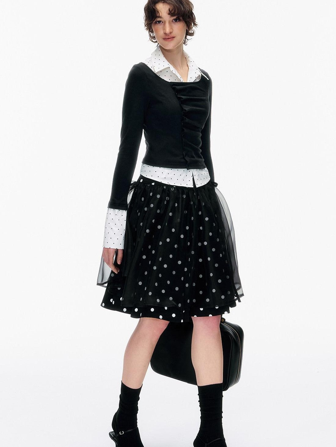 STRIKE A POSE Polka Dot Pleated Colorblock Faux Women&