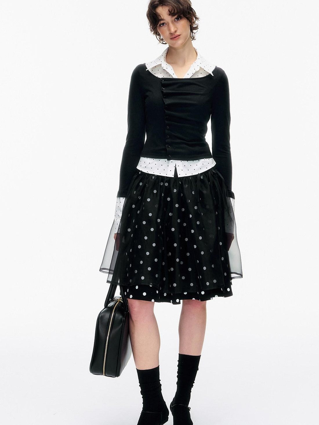 STRIKE A POSE Polka Dot Pleated Colorblock Faux Women&