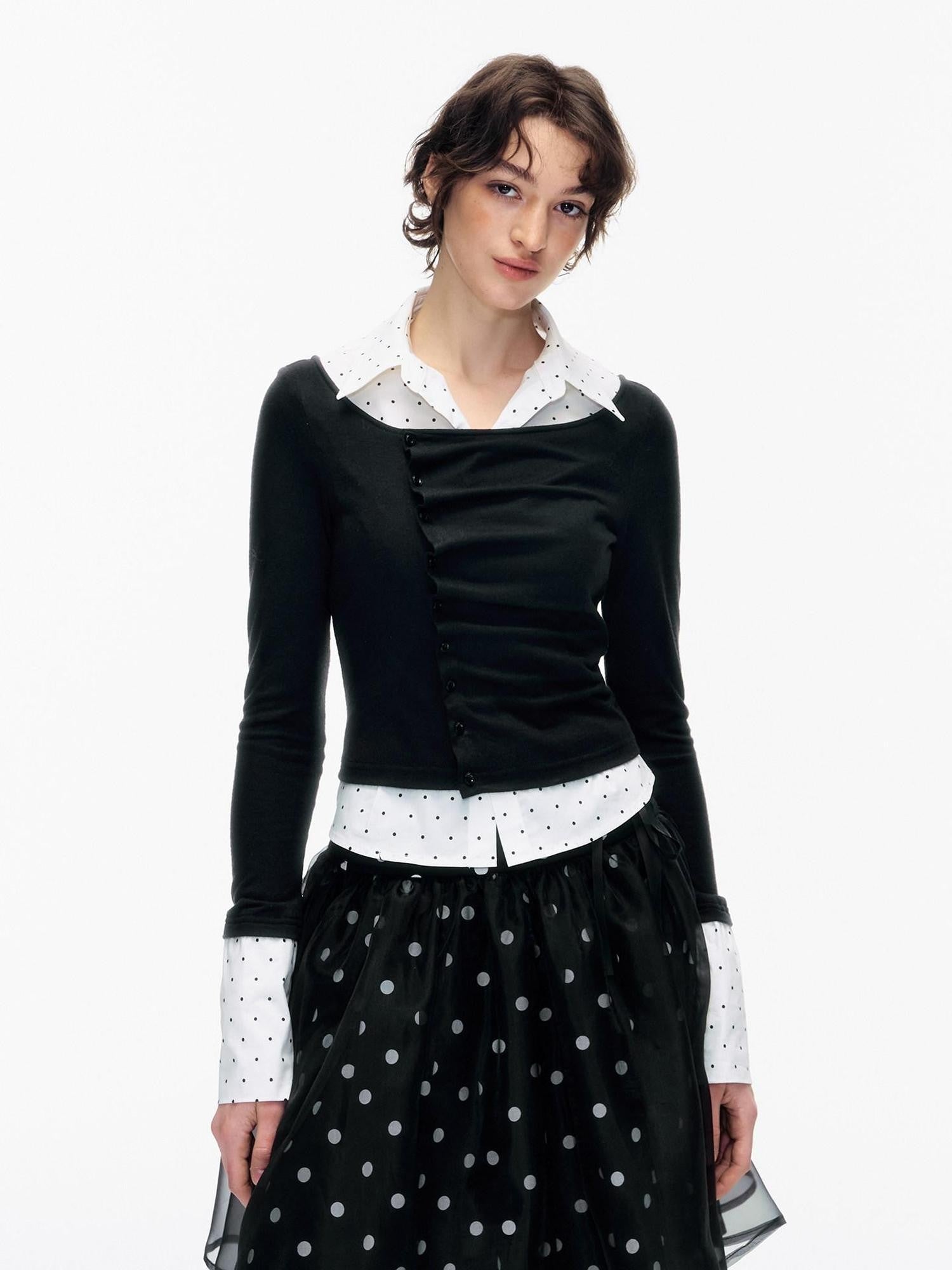 STRIKE A POSE Polka Dot Pleated Colorblock Faux Women&