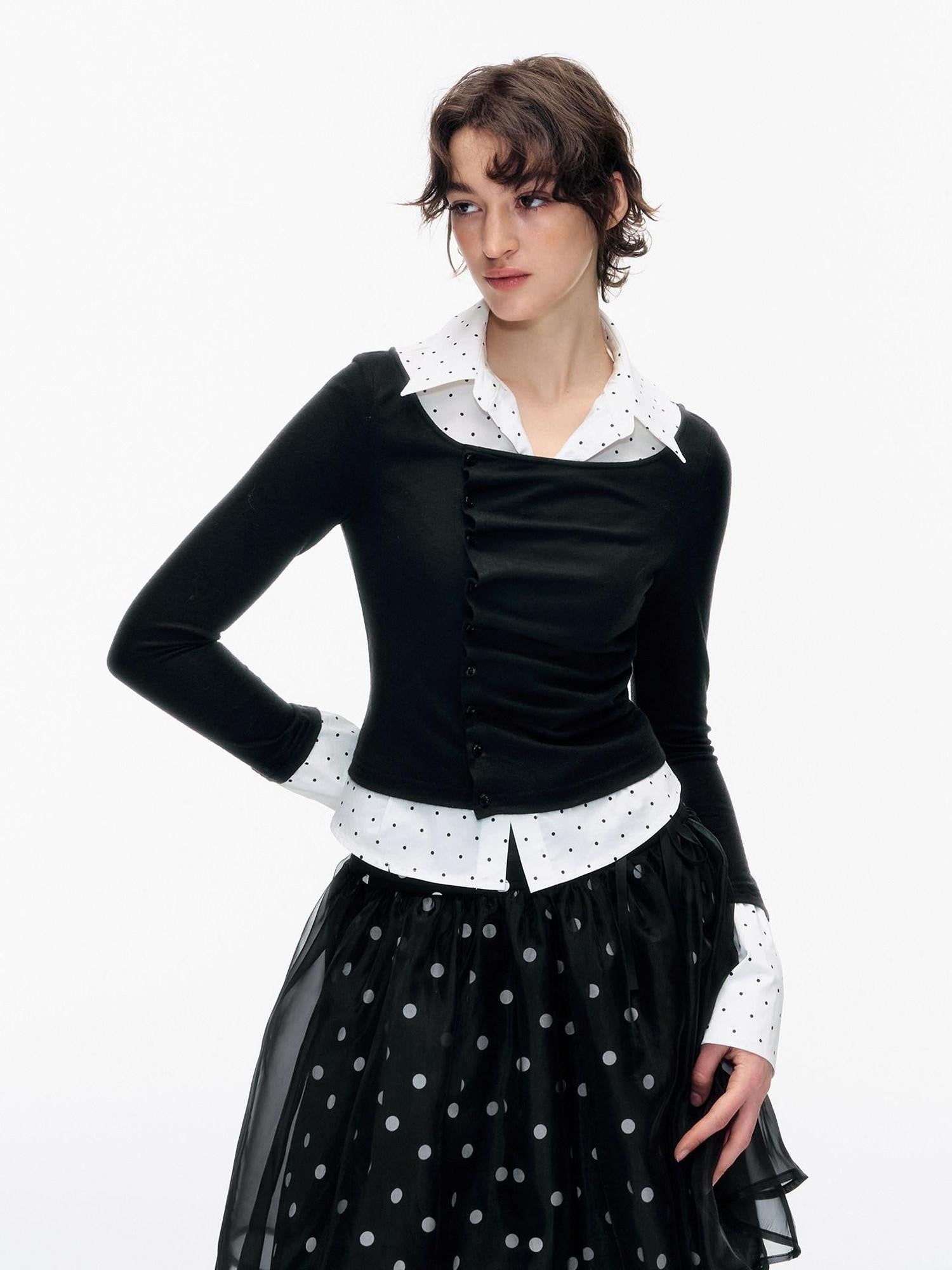 STRIKE A POSE Polka Dot Pleated Colorblock Faux Women&