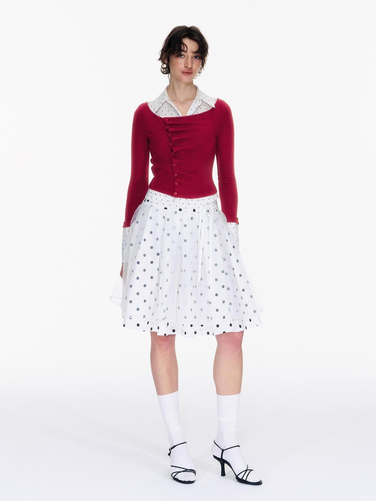 STRIKE A POSE Polka Dot Pleated Colorblock Faux Women&
