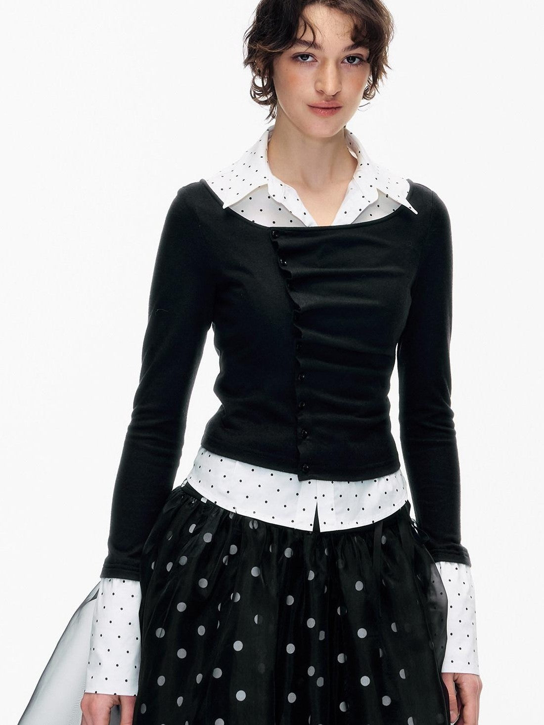 STRIKE A POSE Polka Dot Pleated Colorblock Faux Women&