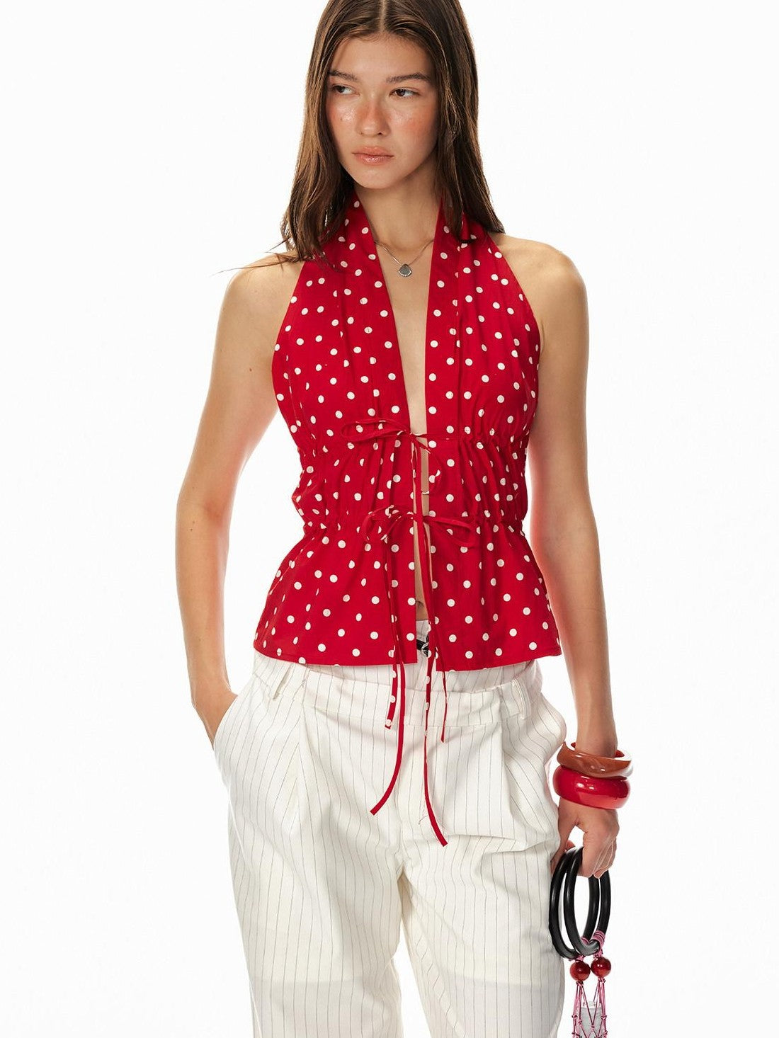 STRIKE A POSE Red Polka Dot Backless Drawstring Waist Slim Women&