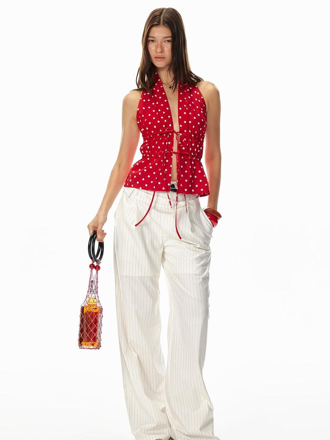 STRIKE A POSE Red Polka Dot Backless Drawstring Waist Slim Women&
