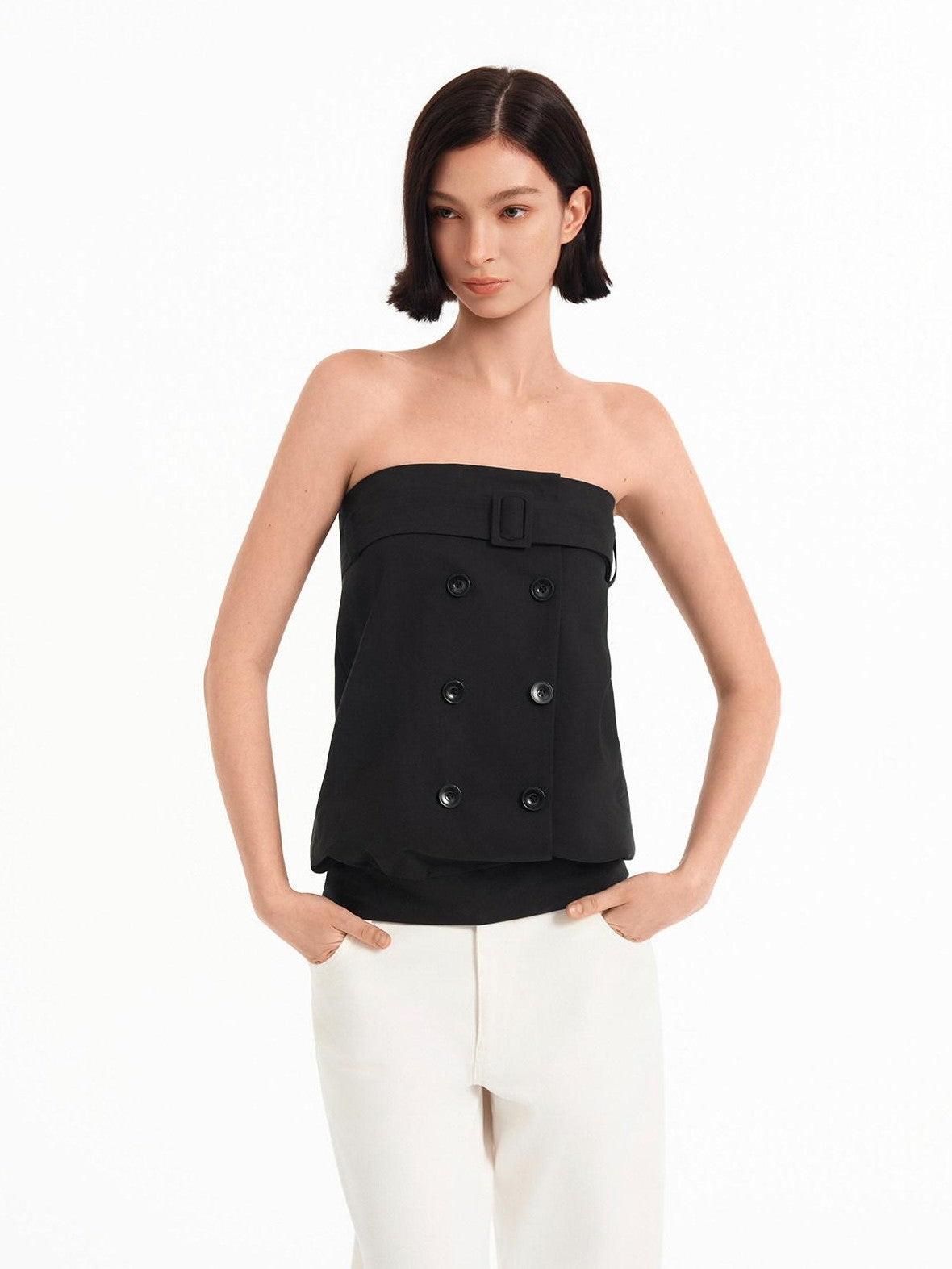 STRIKE A POSE Relaxed A Line Deconstructed Double Row Button Women&