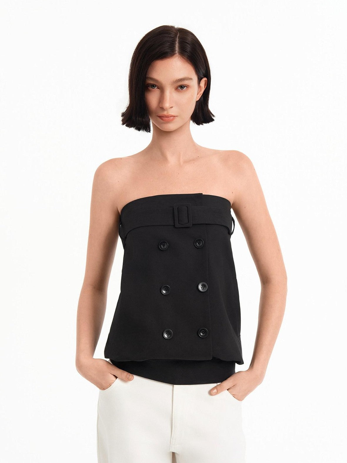 STRIKE A POSE Relaxed A Line Deconstructed Double Row Button Women&