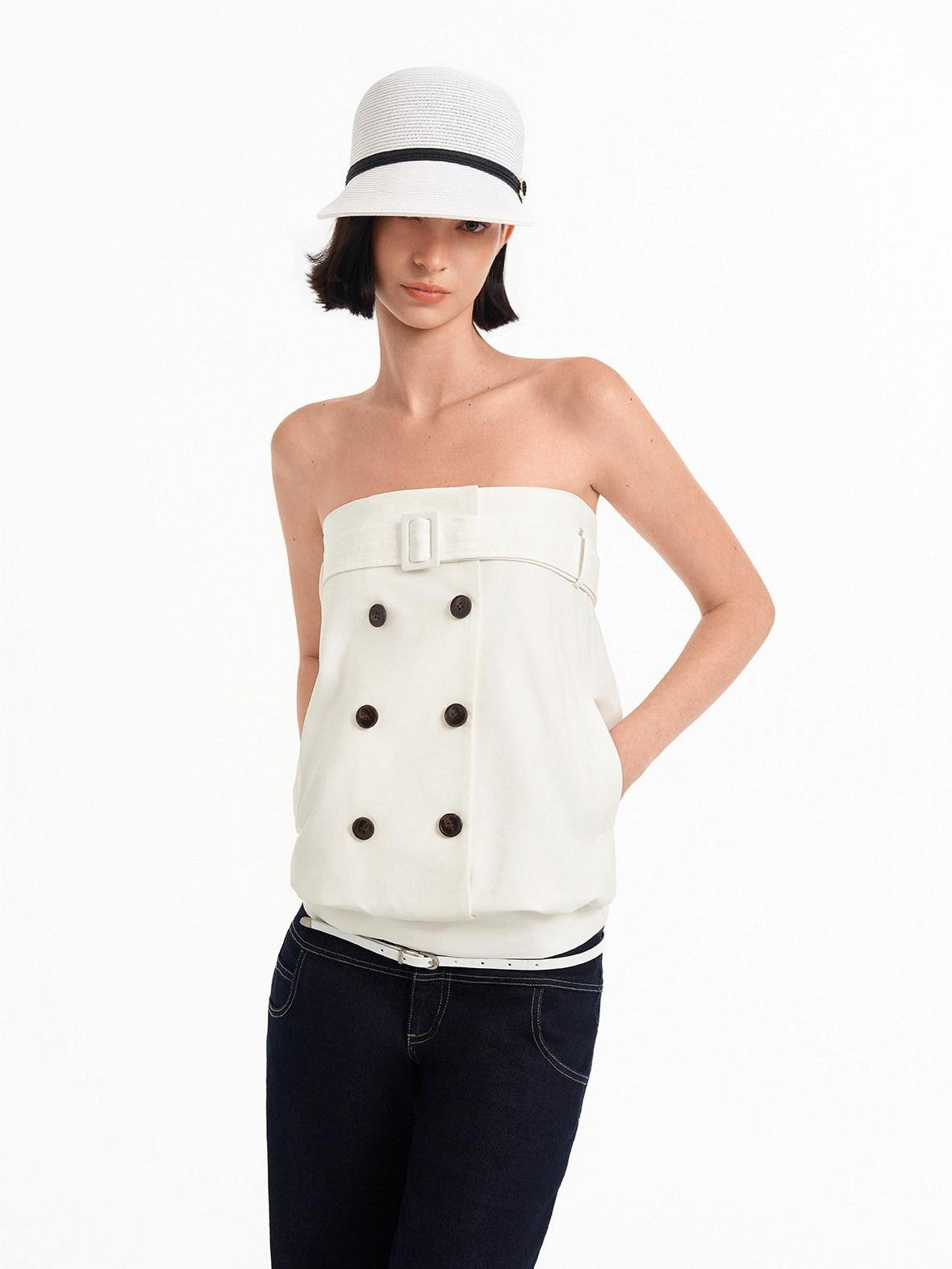 STRIKE A POSE Relaxed A Line Deconstructed Double Row Button Women&