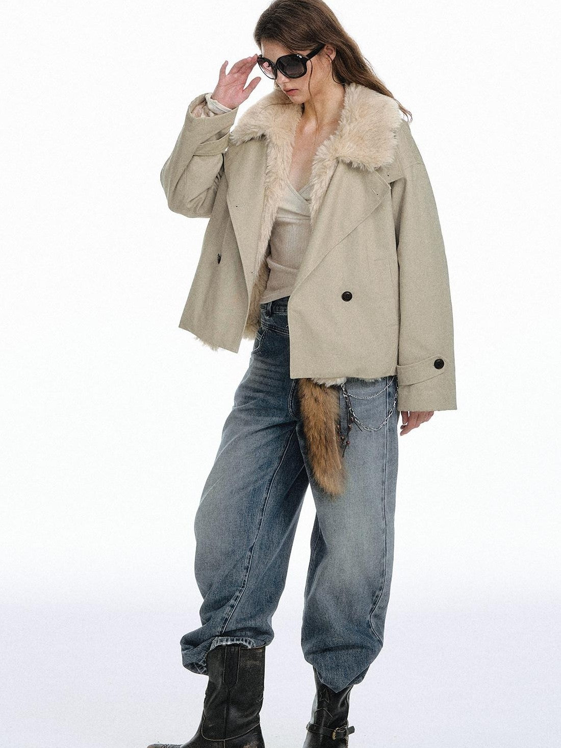 STRIKE A POSE Retro Colorblock Large Fur Collar Oversized Women&