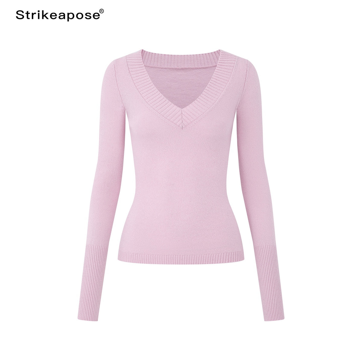 STRIKE_A_POSE_Ribbed_Trim_V-neck_Solid_Wool_Women&