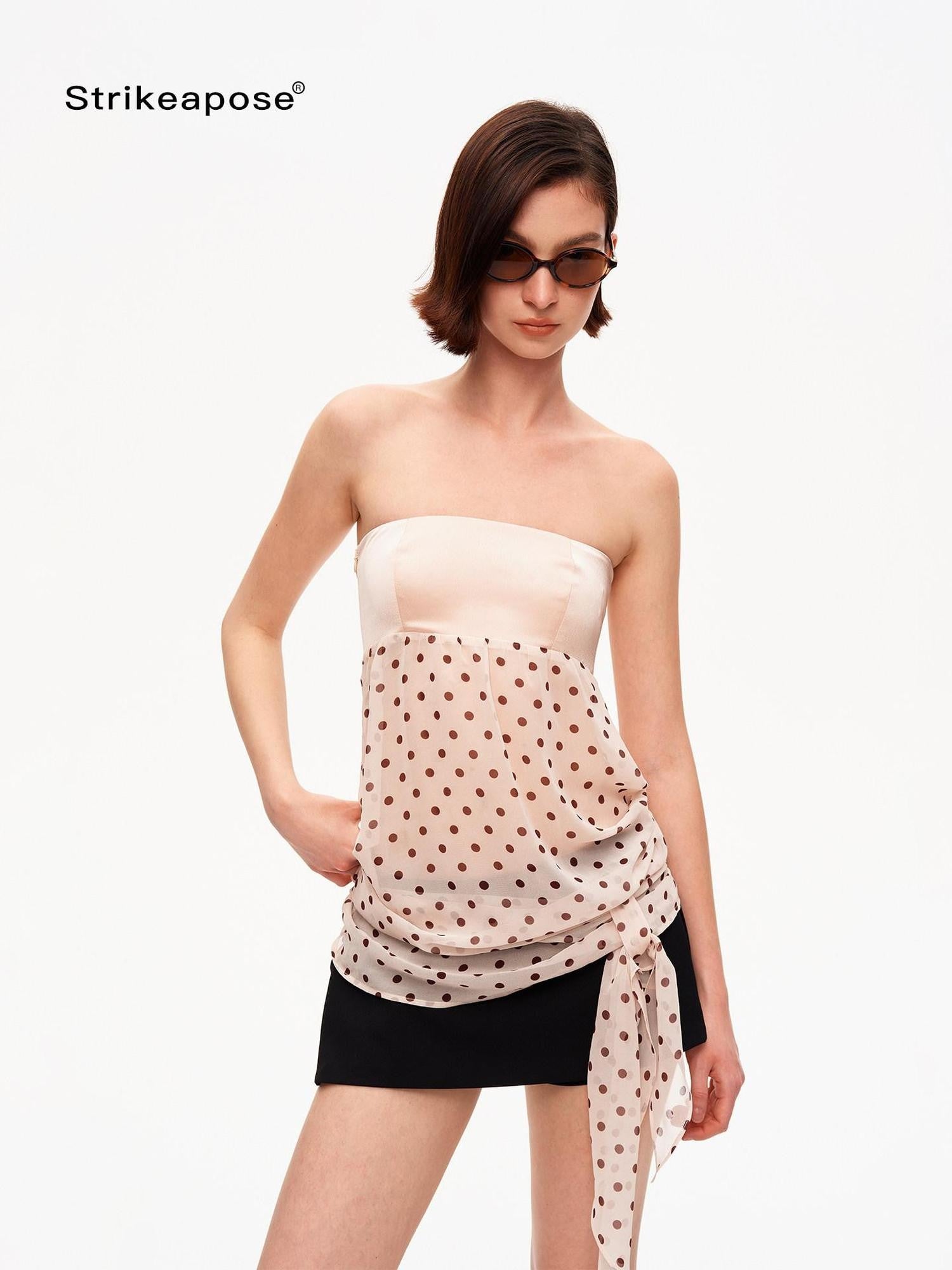 STRIKE A POSE Satin Polka Dot Mesh Drawstring Hem Women&