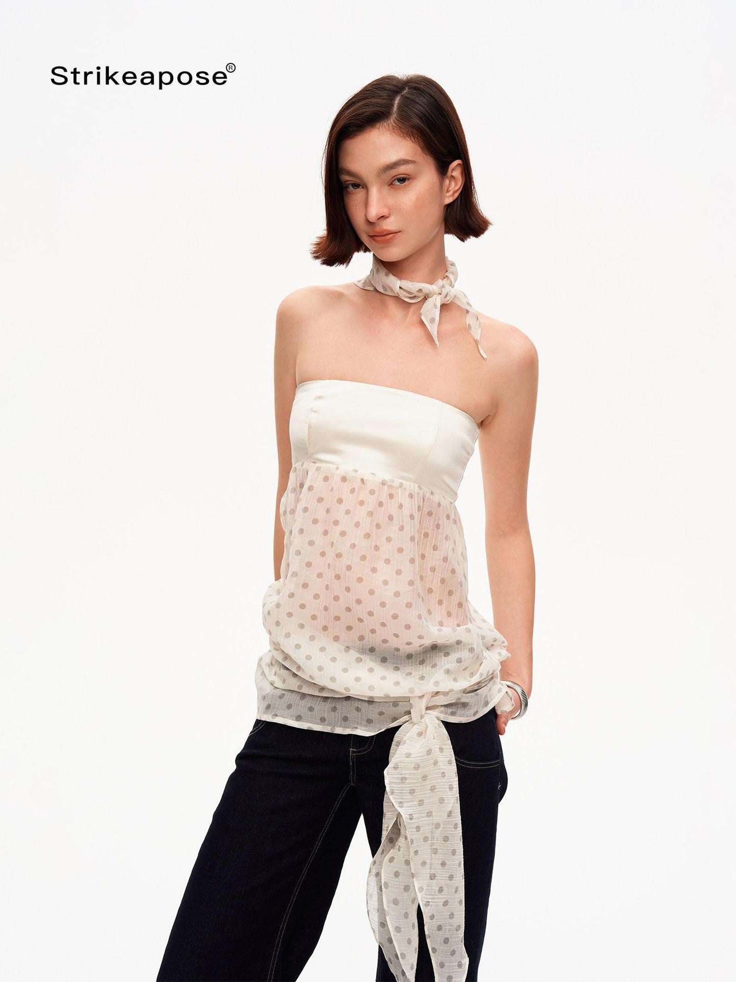 STRIKE A POSE Satin Polka Dot Mesh Drawstring Hem Women&