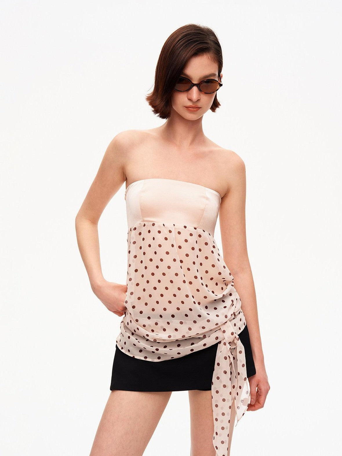 STRIKE A POSE Satin Polka Dot Mesh Drawstring Hem Women&