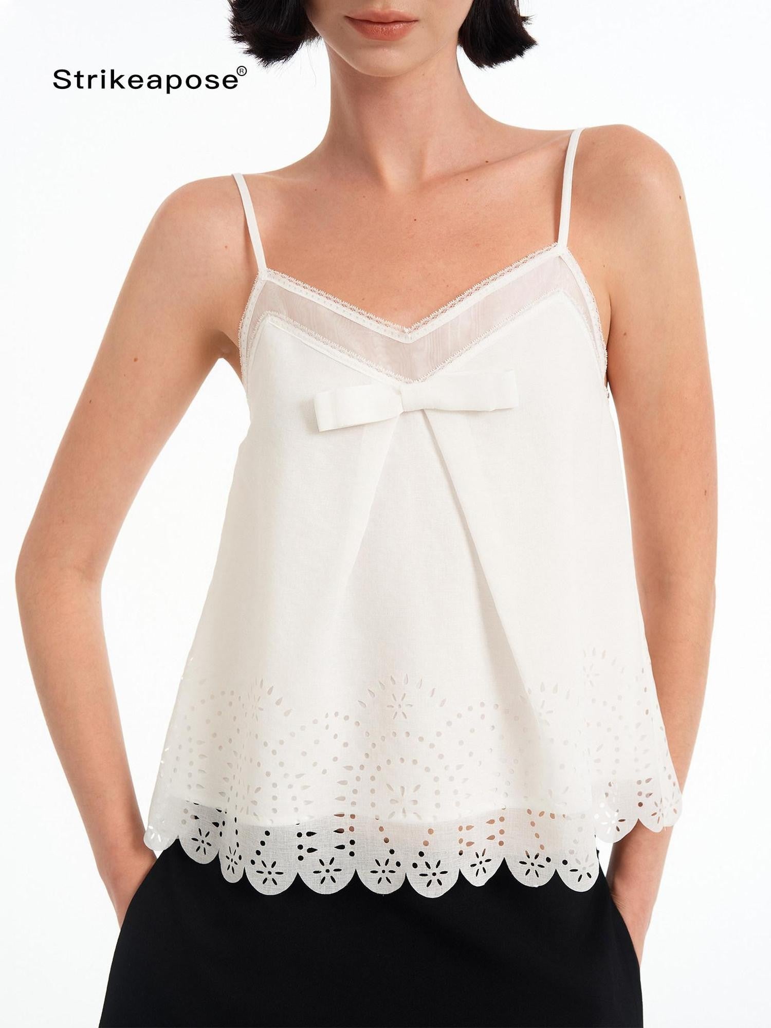 STRIKE A POSE Sheer Lace Hollow V-neck 3d Bow A Line Women&