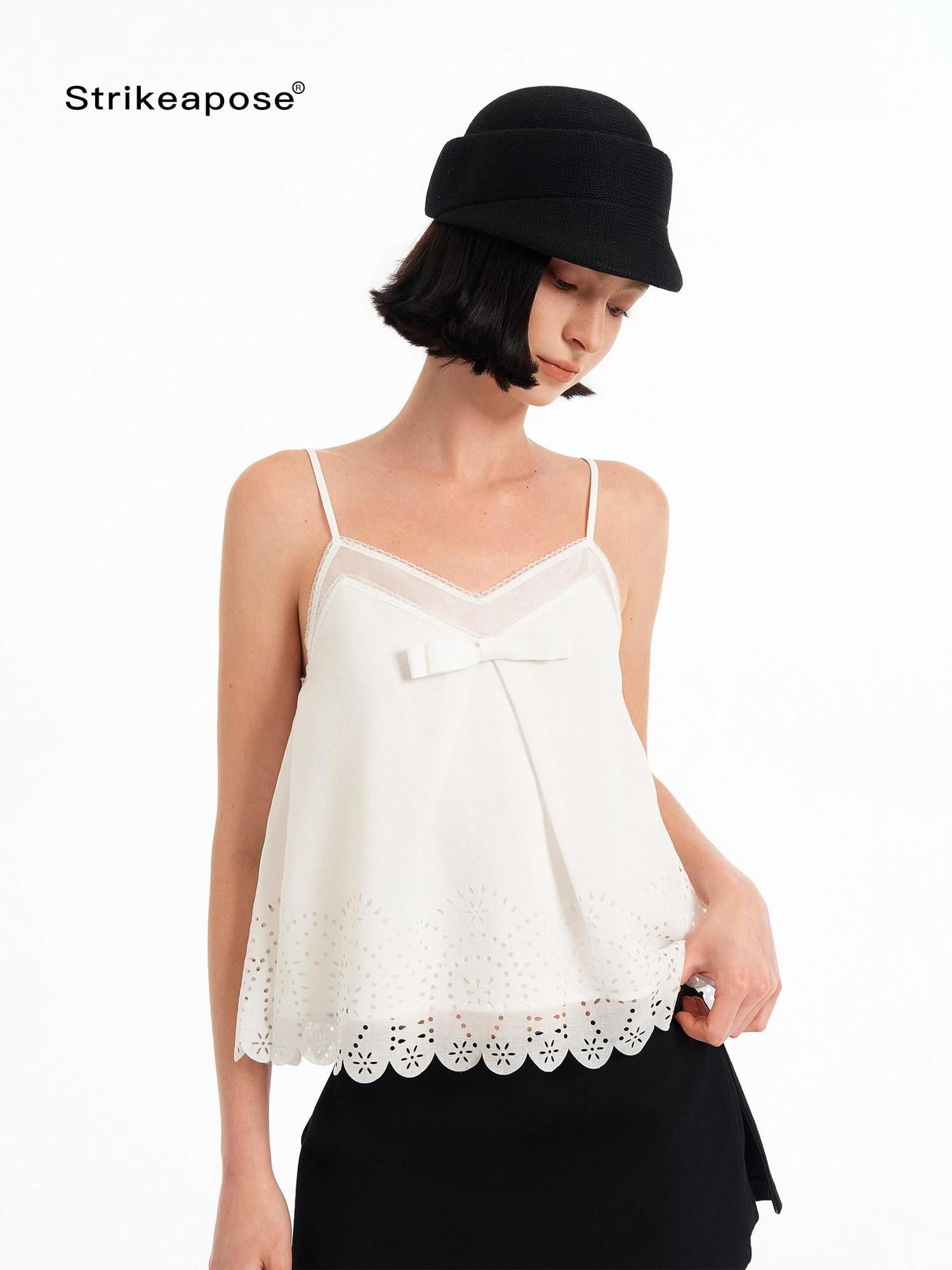 STRIKE A POSE Sheer Lace Hollow V-neck 3d Bow A Line Women&