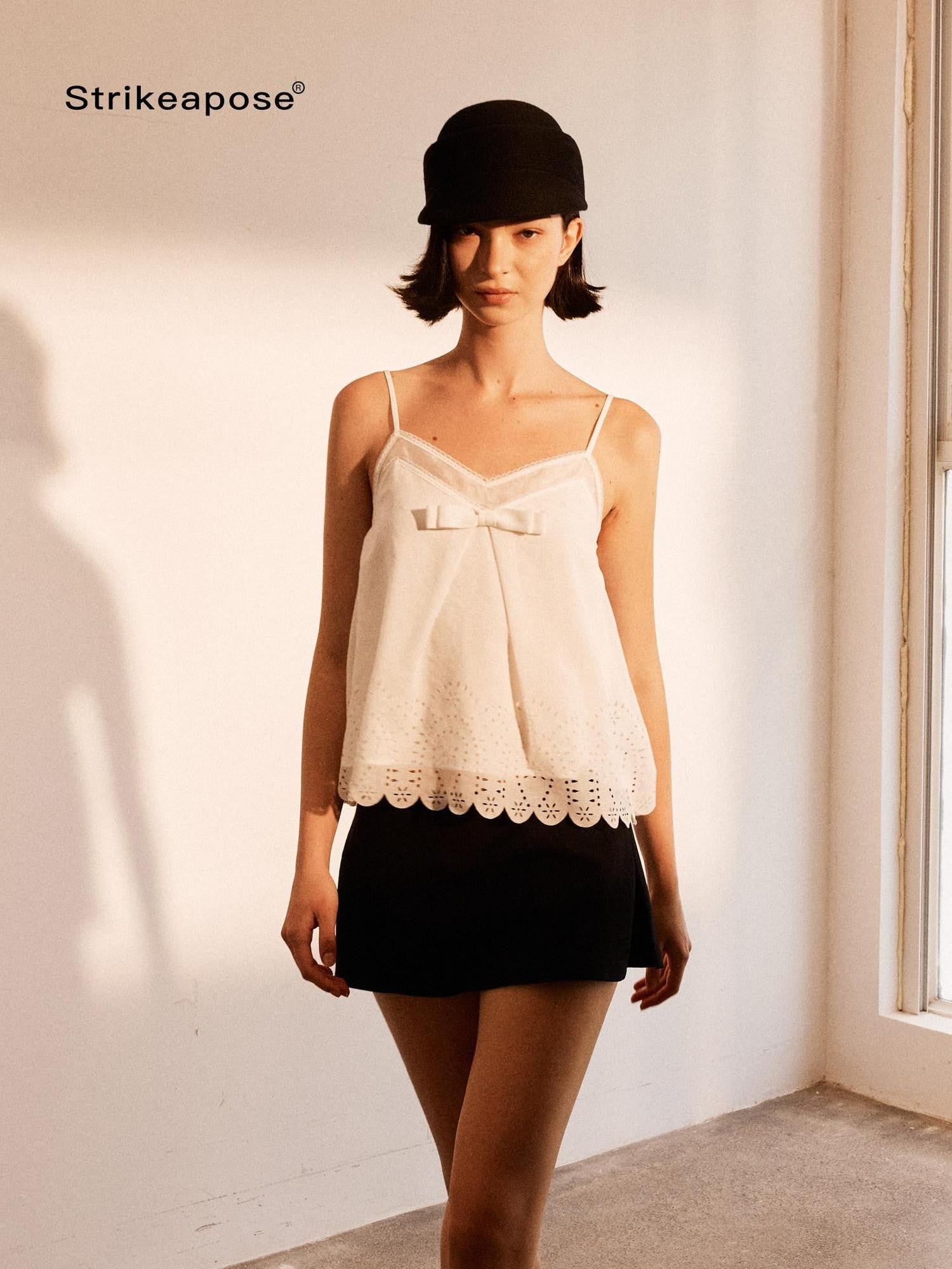 STRIKE A POSE Sheer Lace Hollow V-neck 3d Bow A Line Women&
